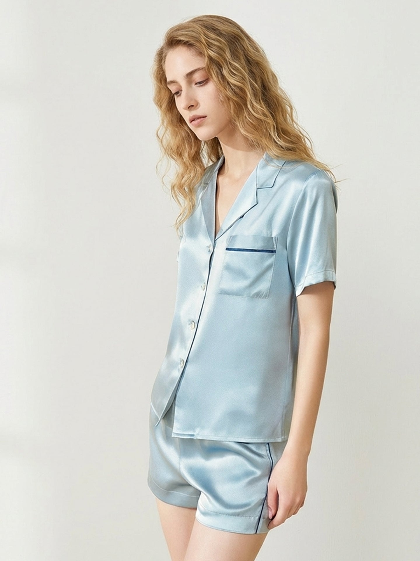 Silk Short Pajama Set with Notch Collar#color_Dusty Blue