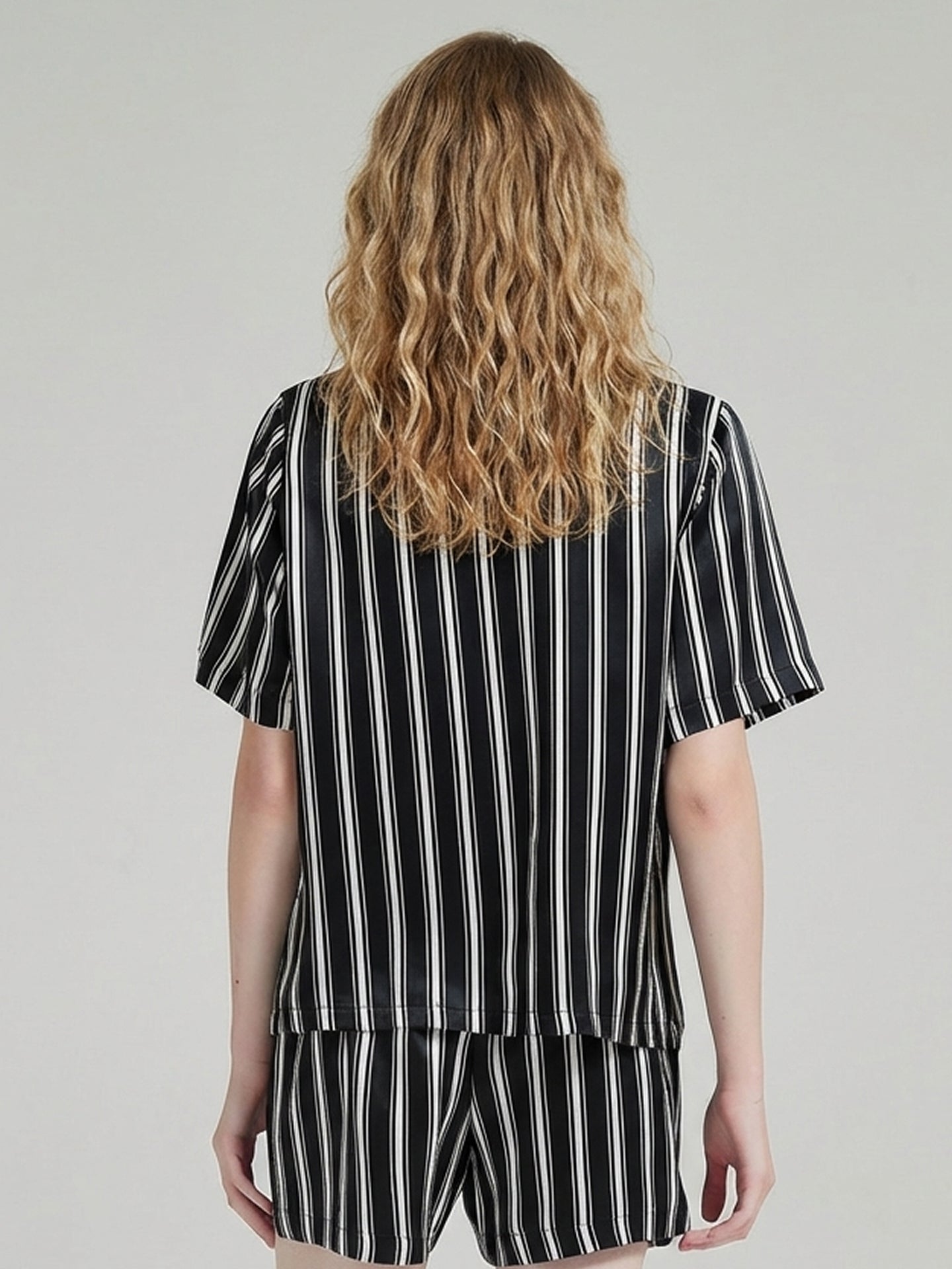Silk Striped Short Pajama Set with Notch Collar#color_Black Stripes