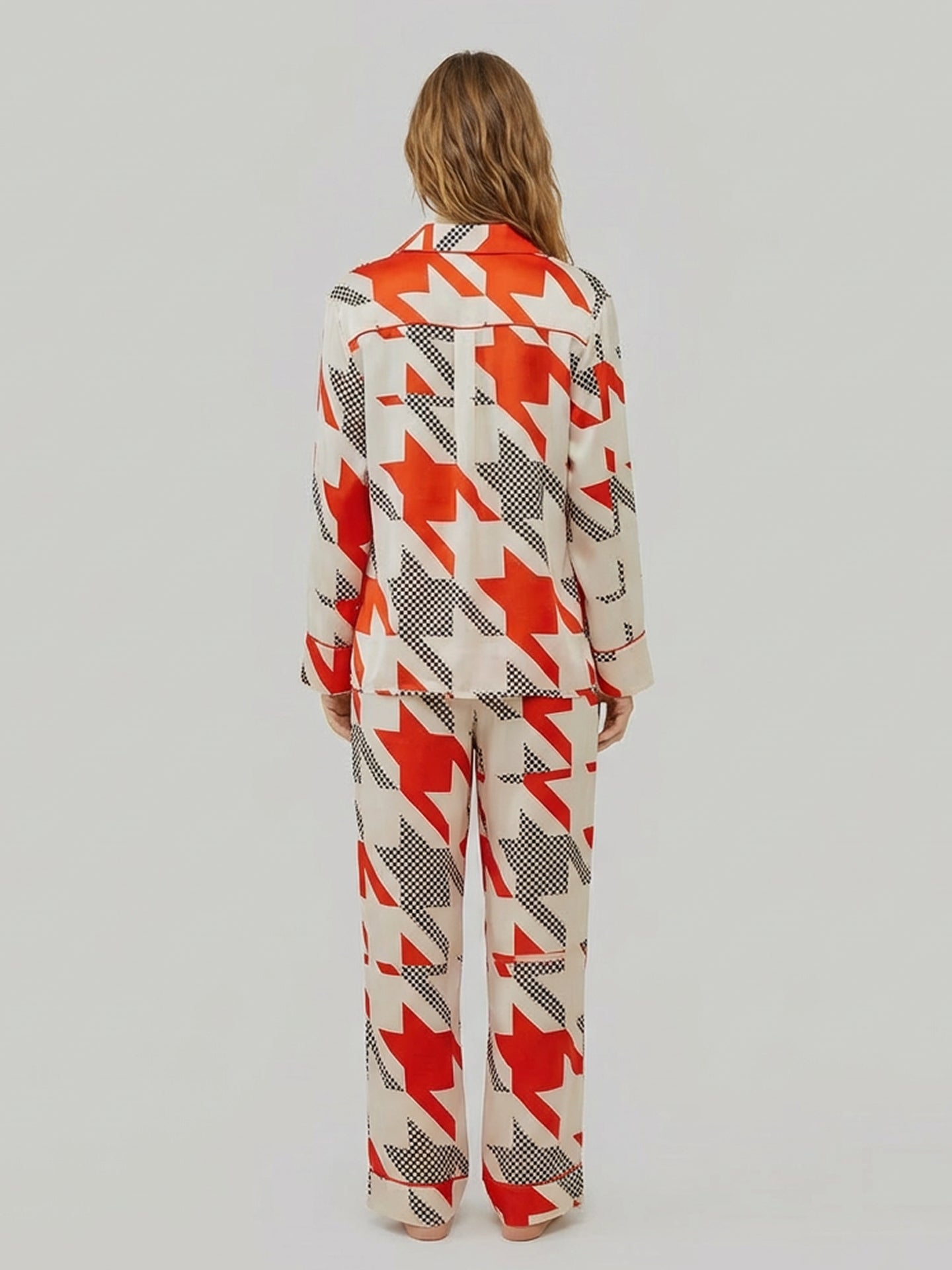Red Houndstooth Print Pajamas#color_Red Houndstooth