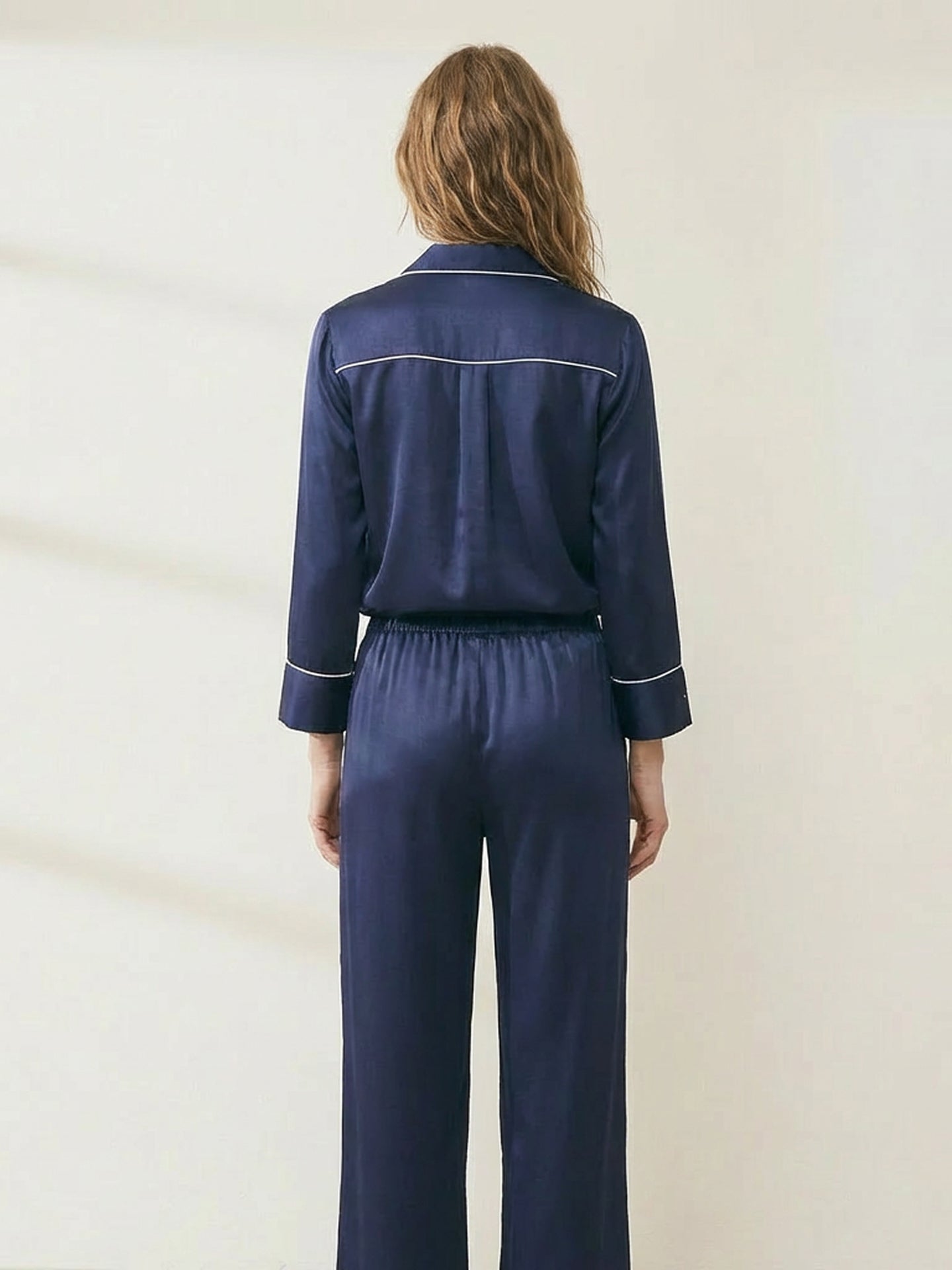 Premium Mulberry Silk Pajama Set#color_Navy