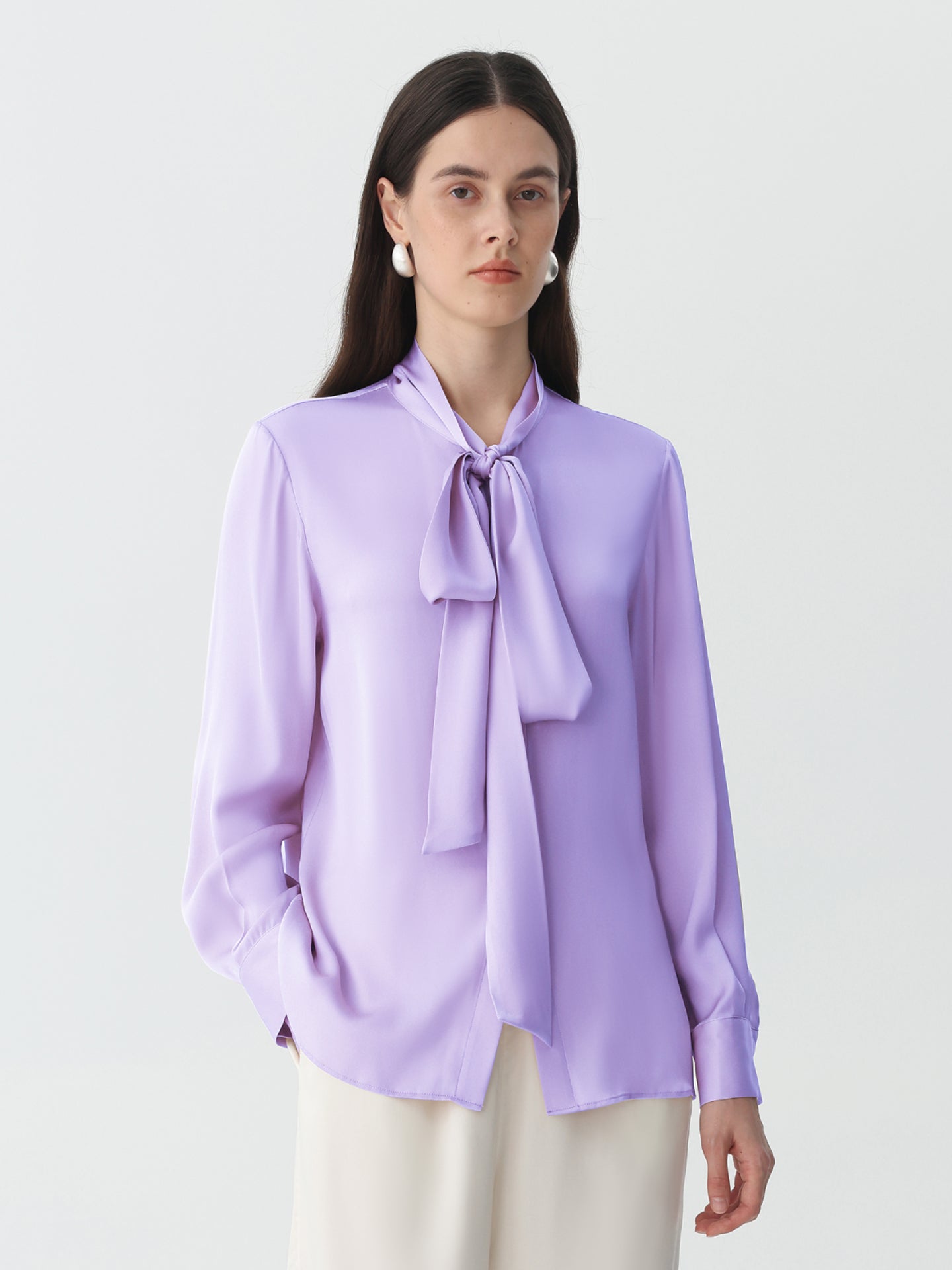 Bow-Tie Neck Silk Blouse #color_Lavender