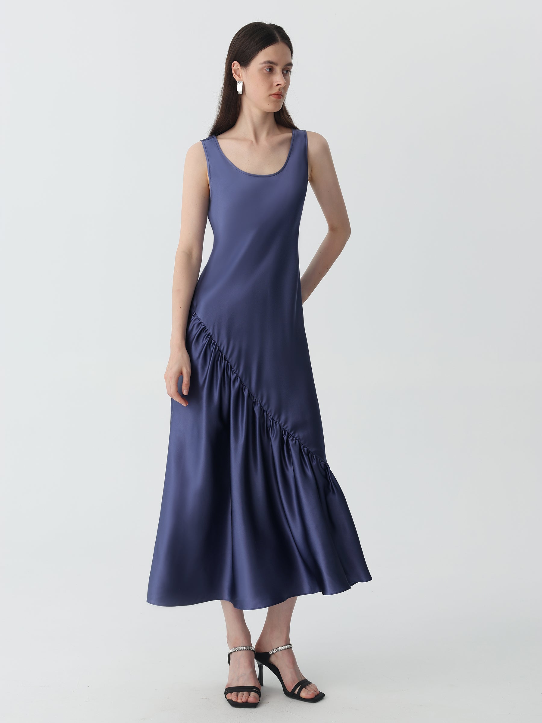 U-Neck Pleated Midi-Dress
