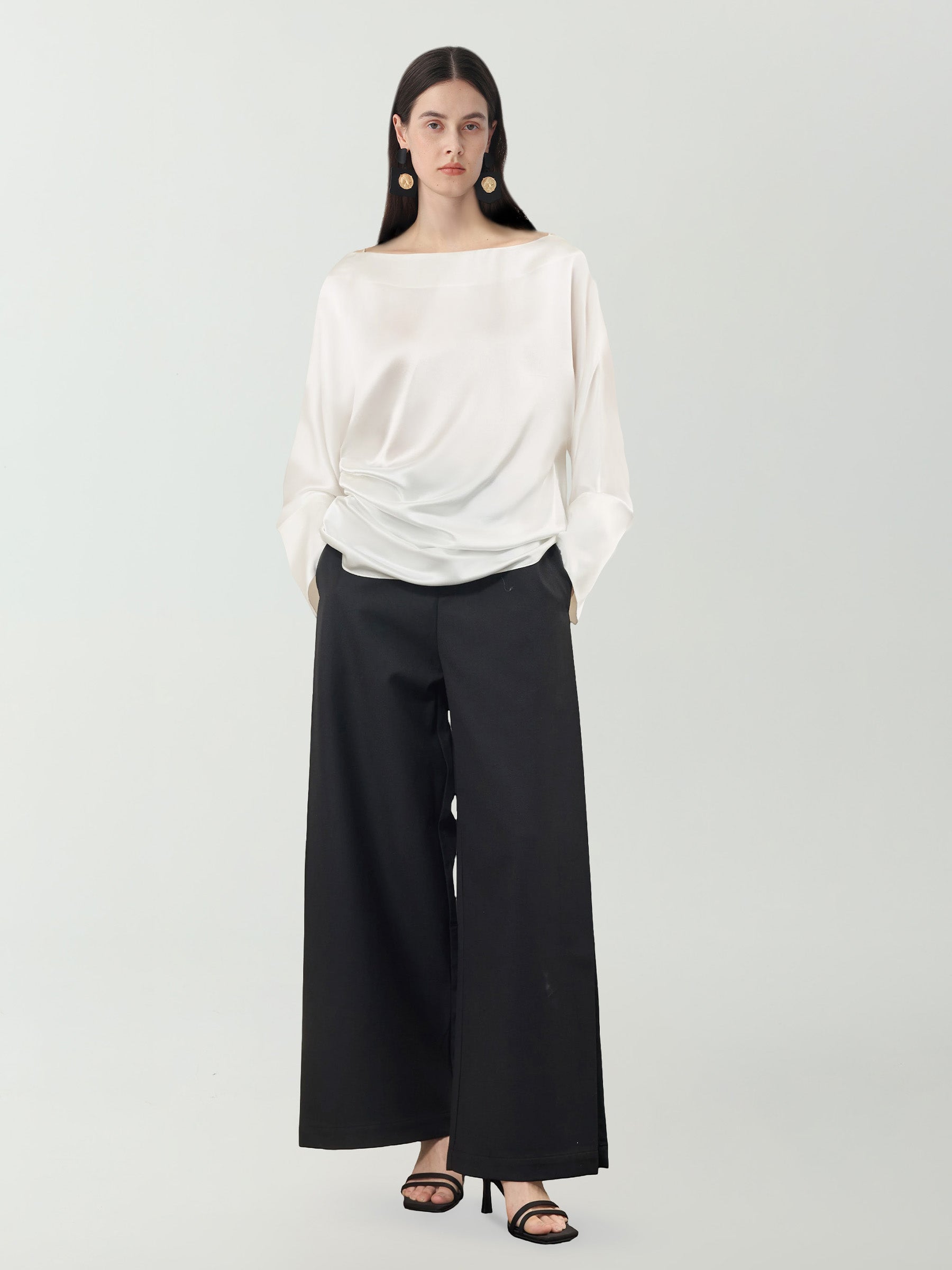 Batwing Sleeve Silk Top with Asymmetrical Pleates #color_White