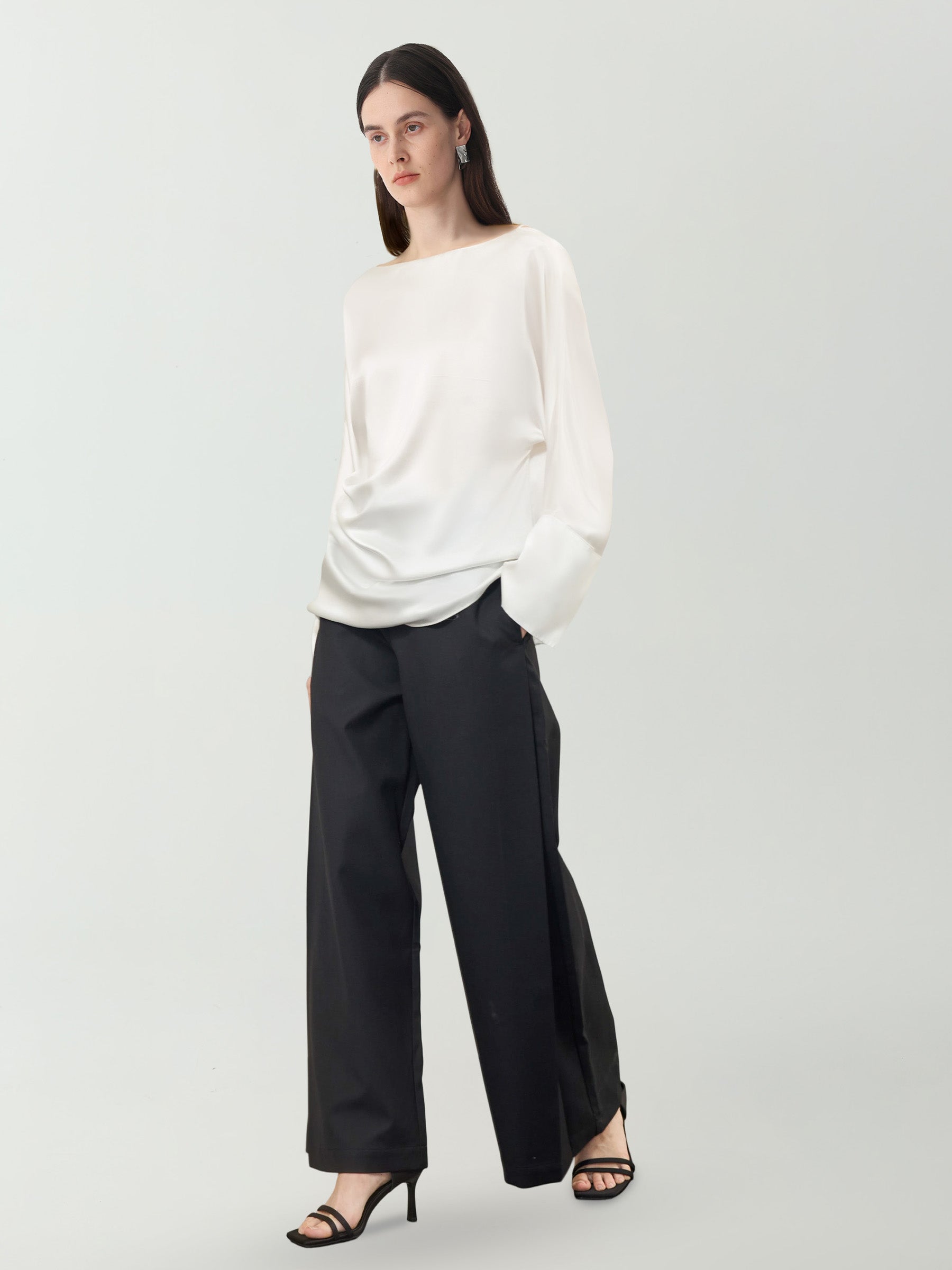 Batwing Sleeve Silk Top with Asymmetrical Pleates #color_White