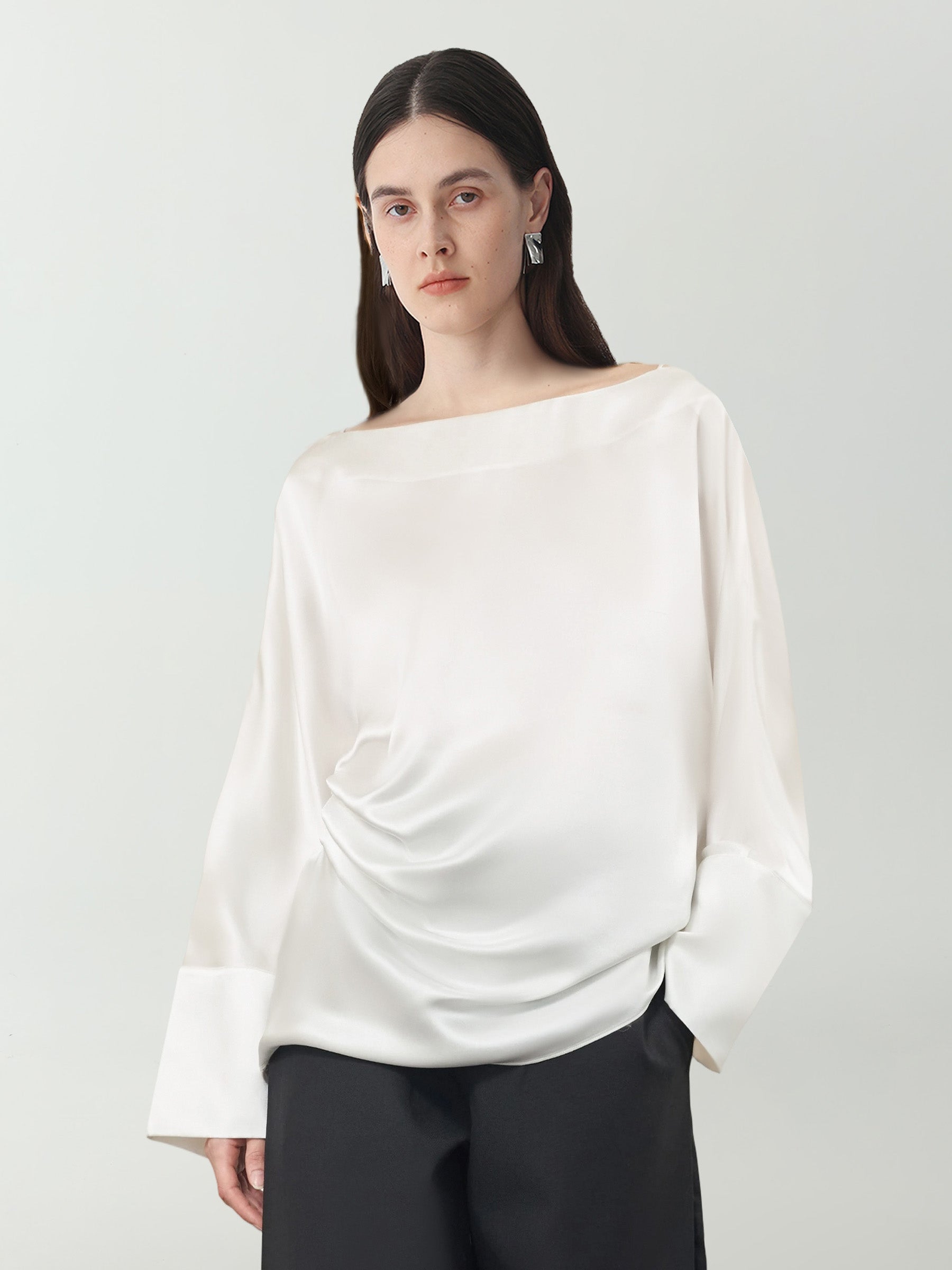 Batwing Sleeve Silk Top with Asymmetrical Pleates #color_White