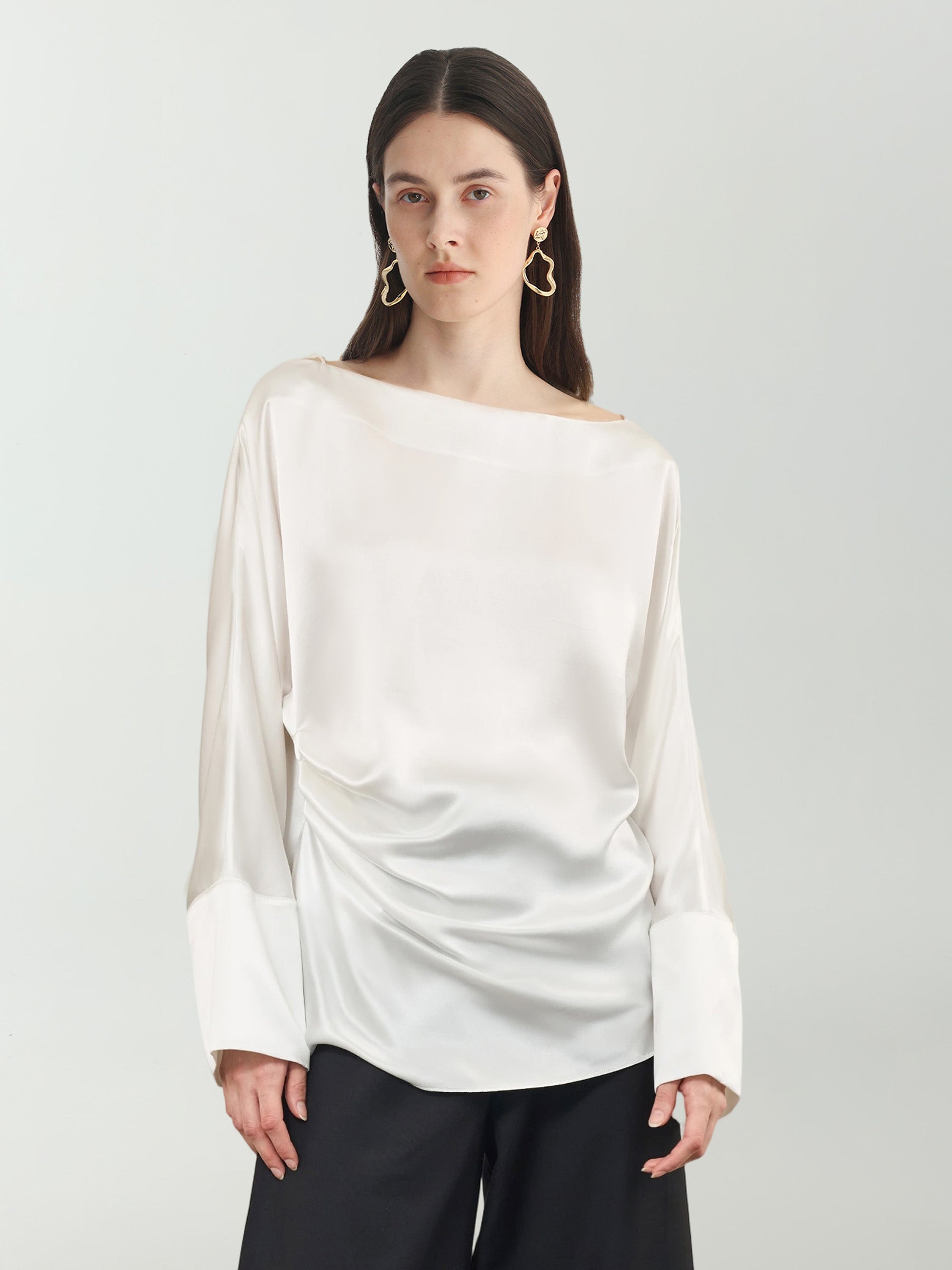 Batwing Sleeve Silk Top with Asymmetrical Pleates #color_White