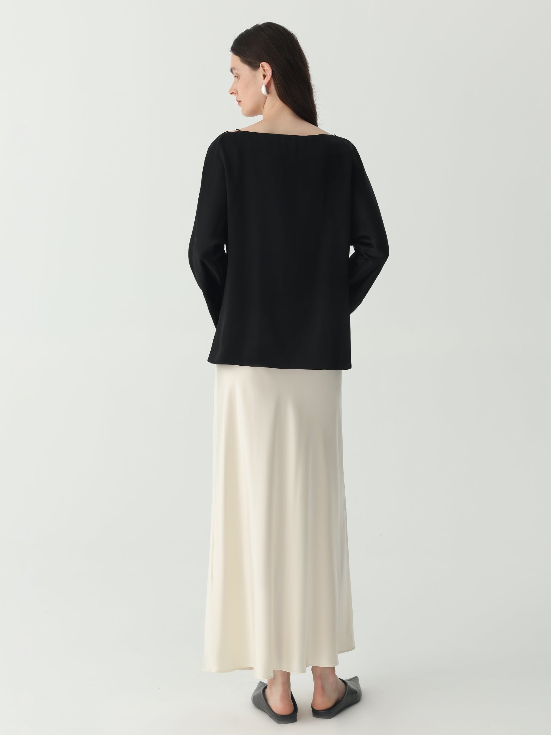 Batwing Sleeve Silk Top with Asymmetrical Pleates #color_Black