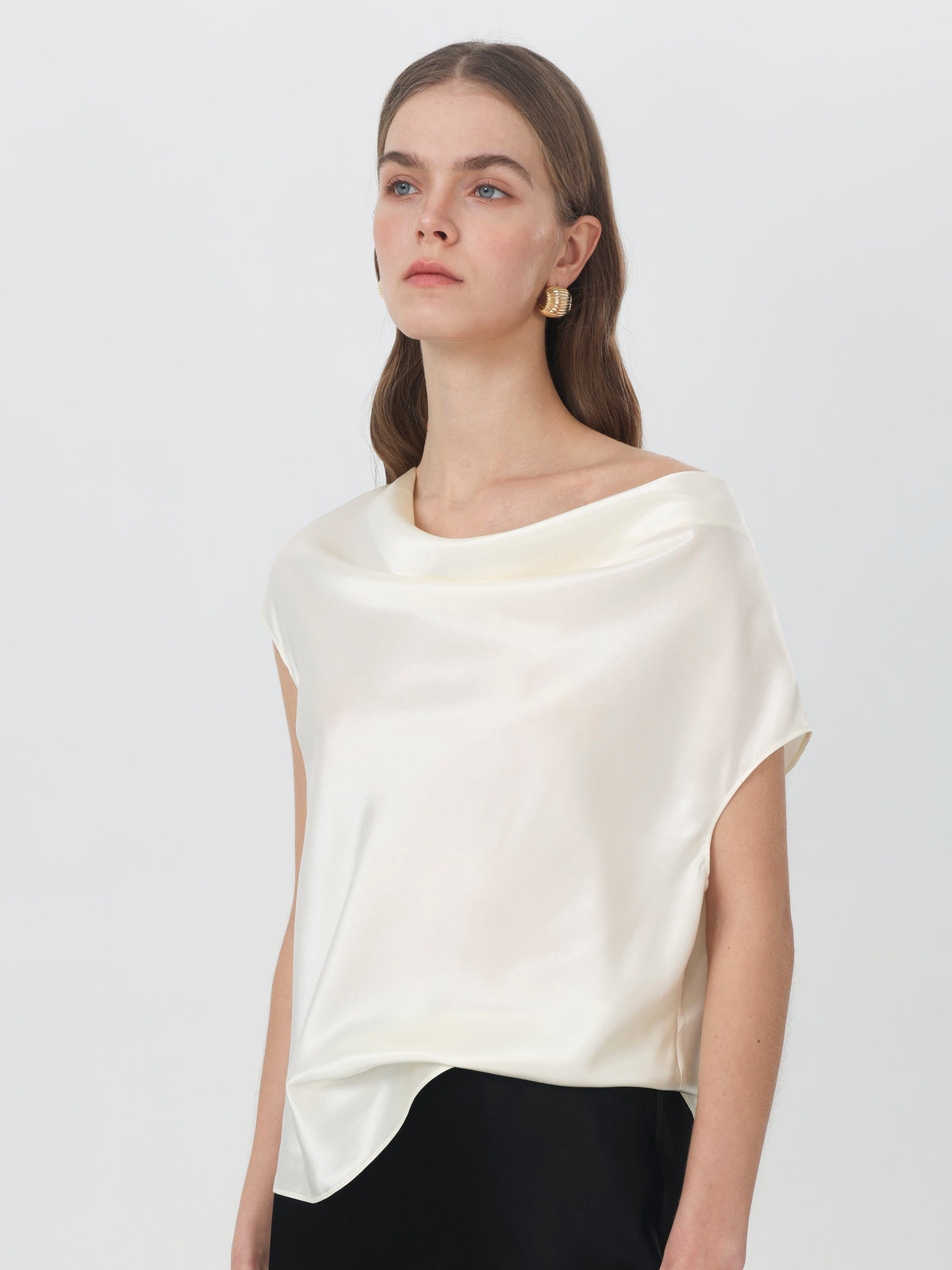 Silk Cowl Neck Cap Sleeve Top#color_White