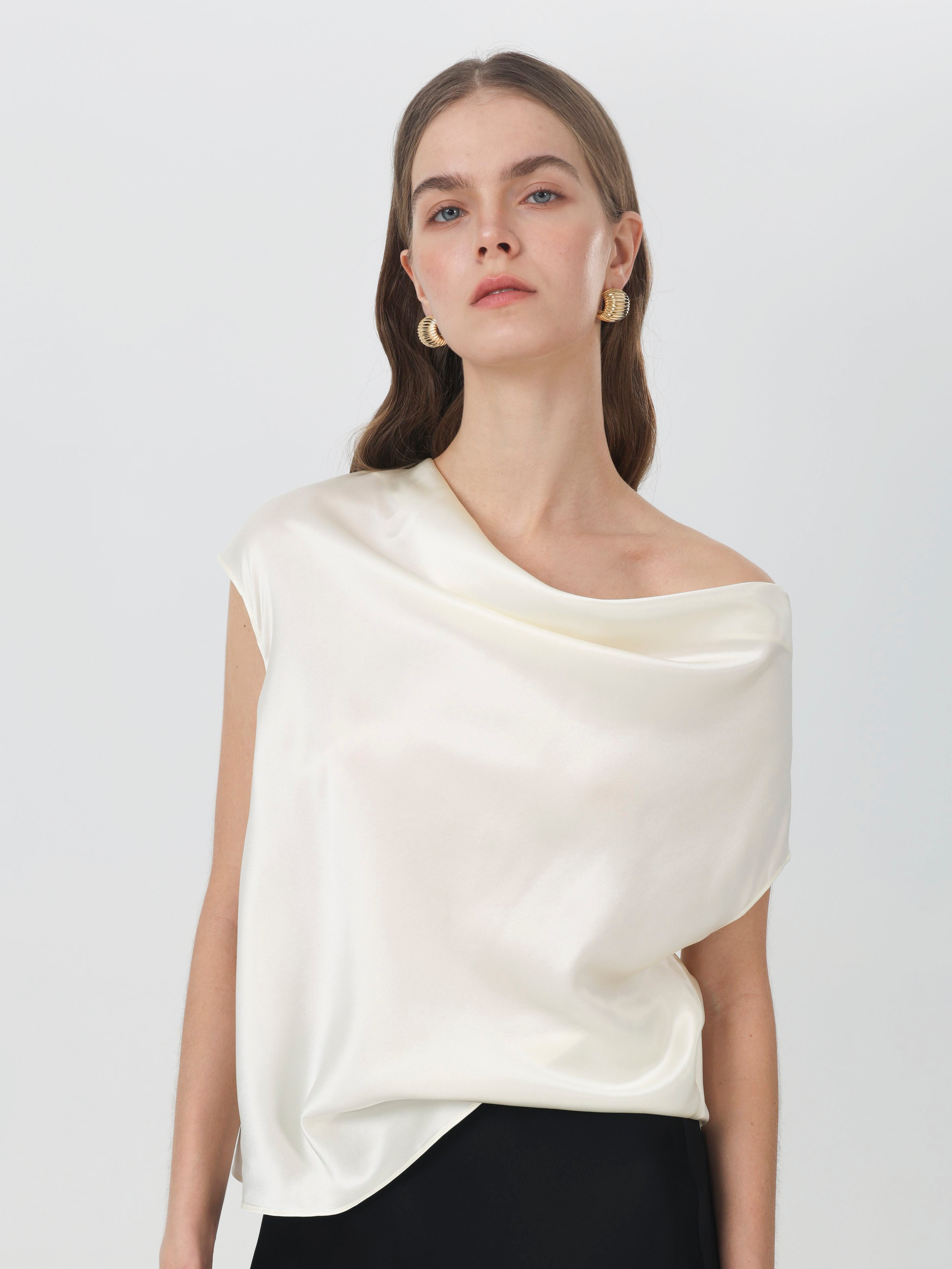 Silk Cowl Neck Cap Sleeve Top#color_White