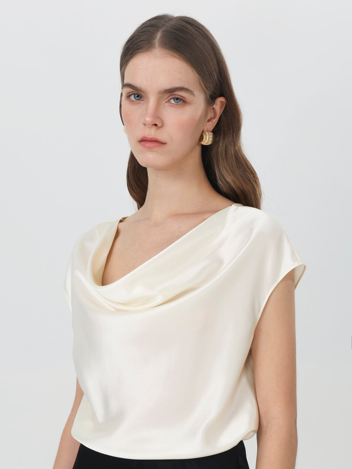 Silk Cowl Neck Cap Sleeve Top#color_White