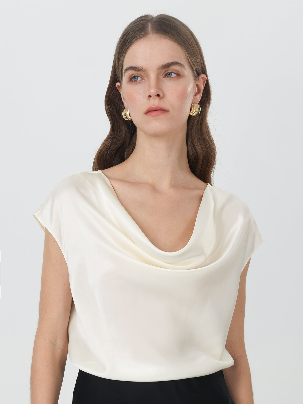 Silk Cowl Neck Cap Sleeve Top#color_White