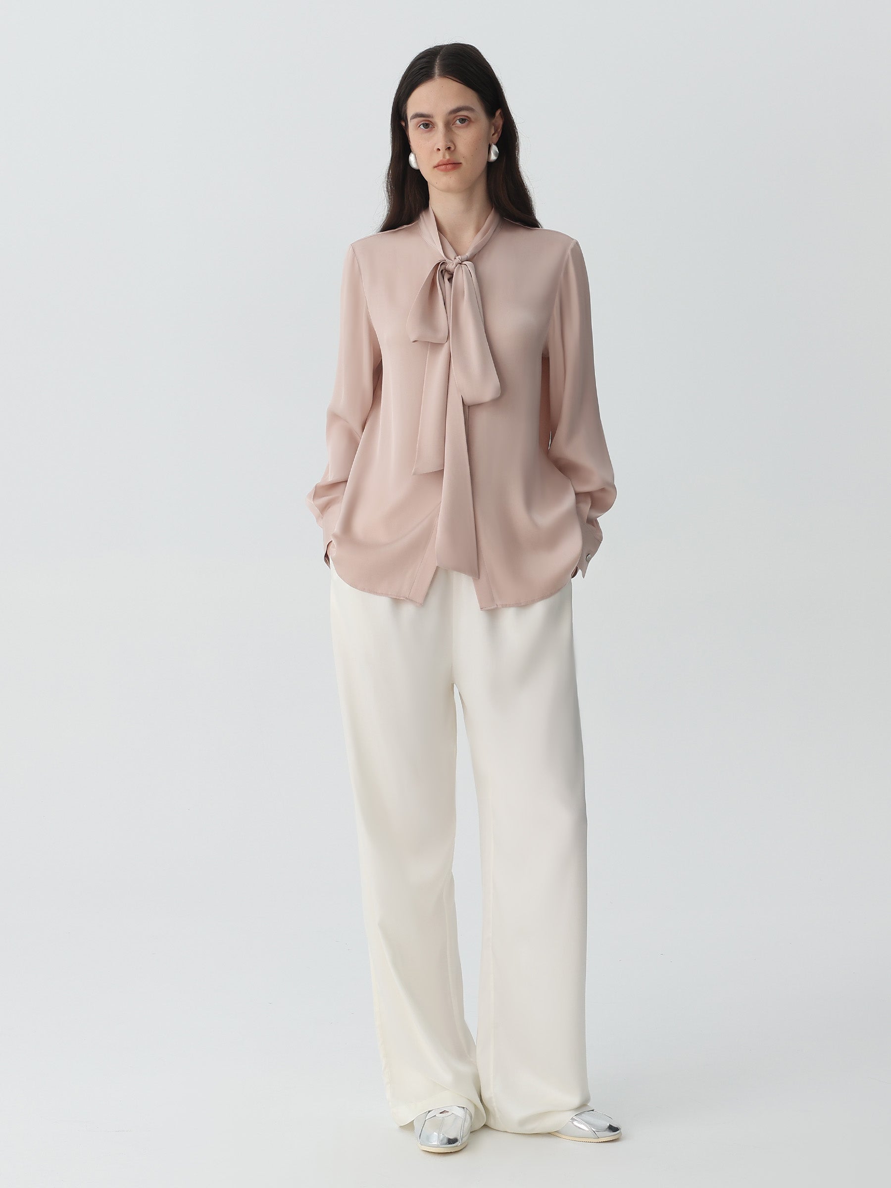 Bow-Tie Neck Silk Blouse #color_Pink-Cinnamon