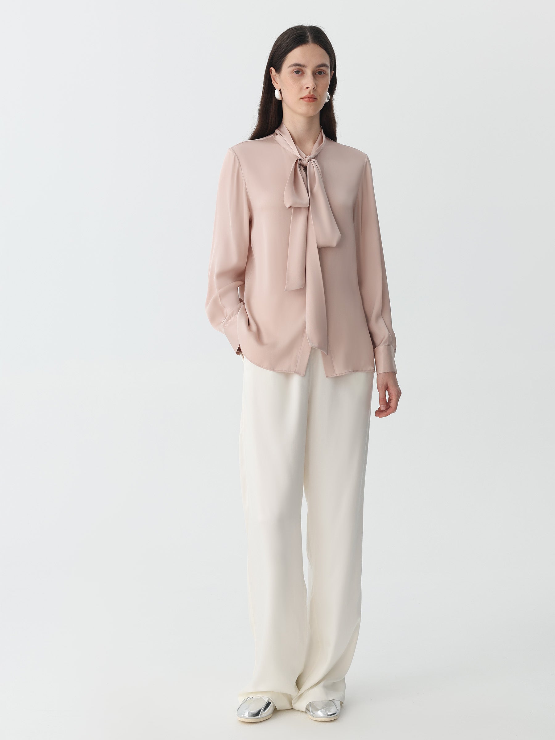 Bow-Tie Neck Silk Blouse #color_Pink-Cinnamon