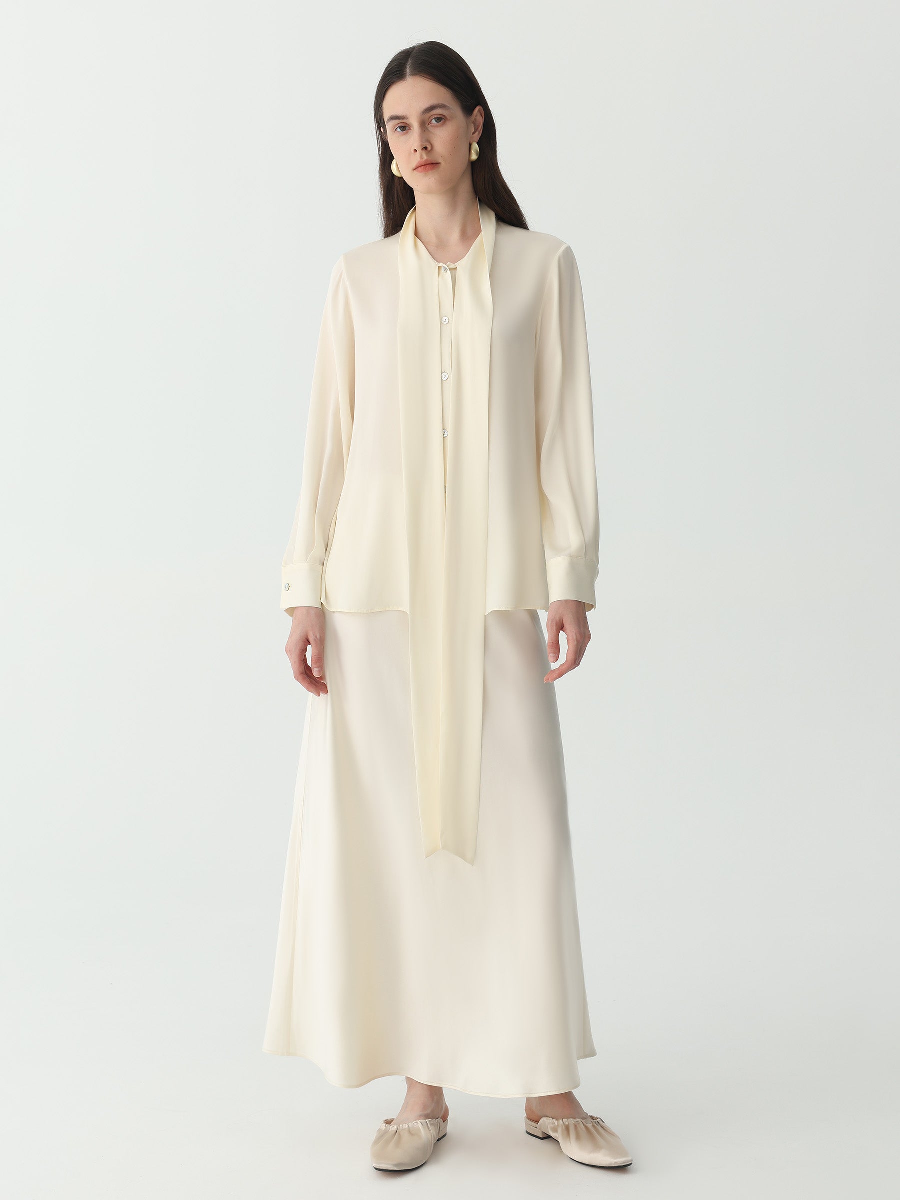 Bow-Tie Neck Silk Blouse #color_Ivory White