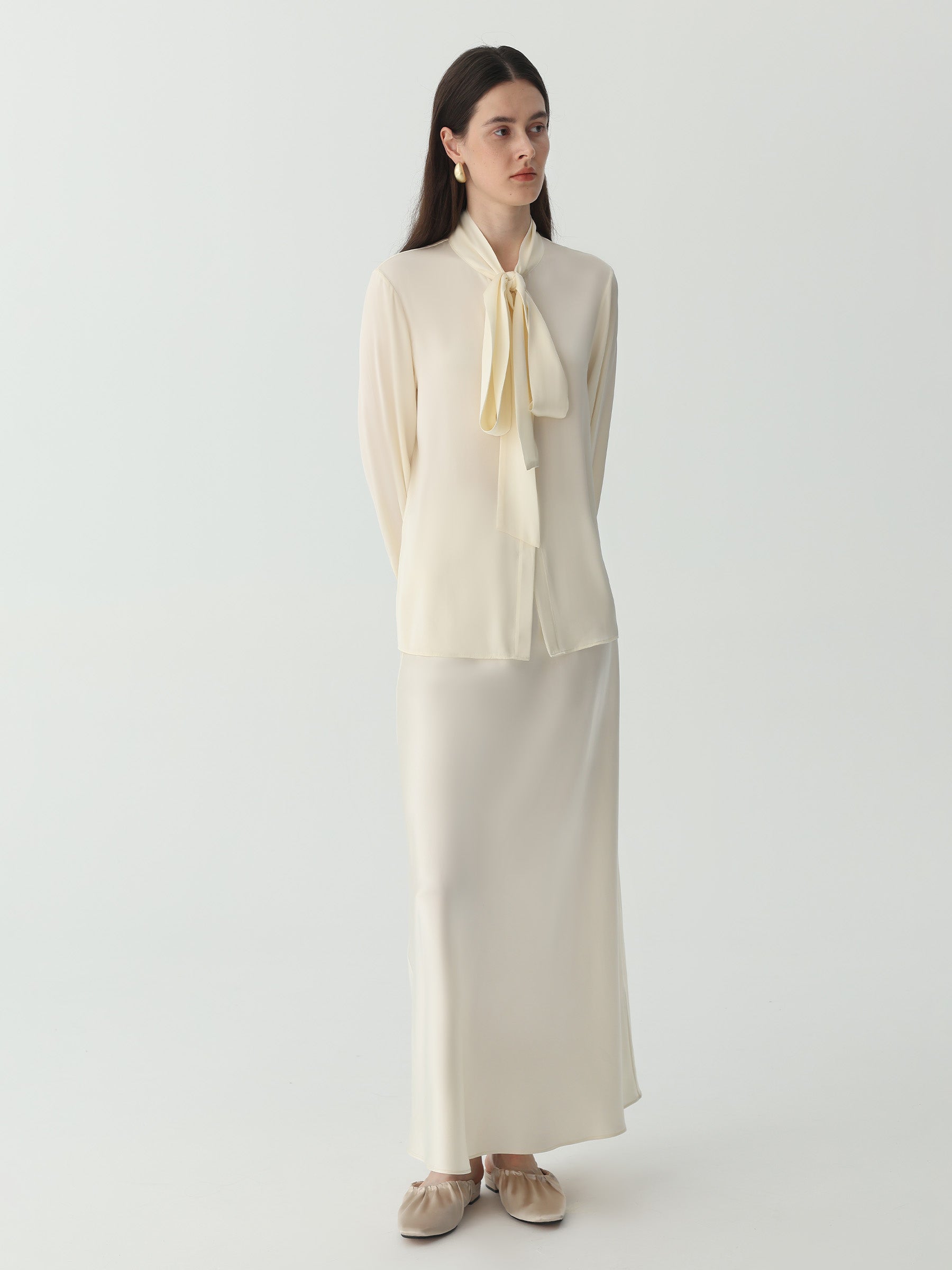 Bow-Tie Neck Silk Blouse #color_Ivory White