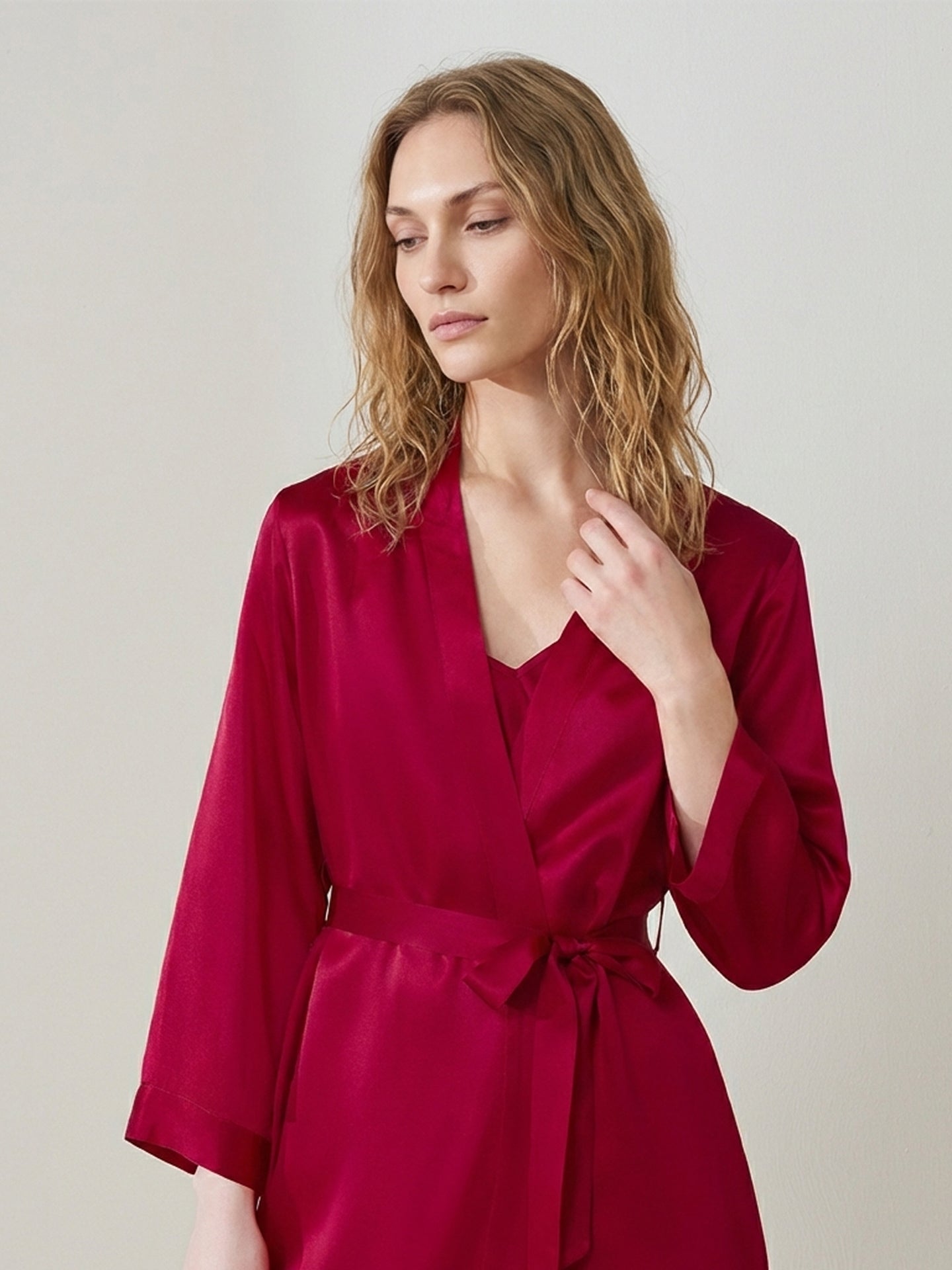 Silk Spaghetti Strap Mini Nightgown and Robe Set_Red