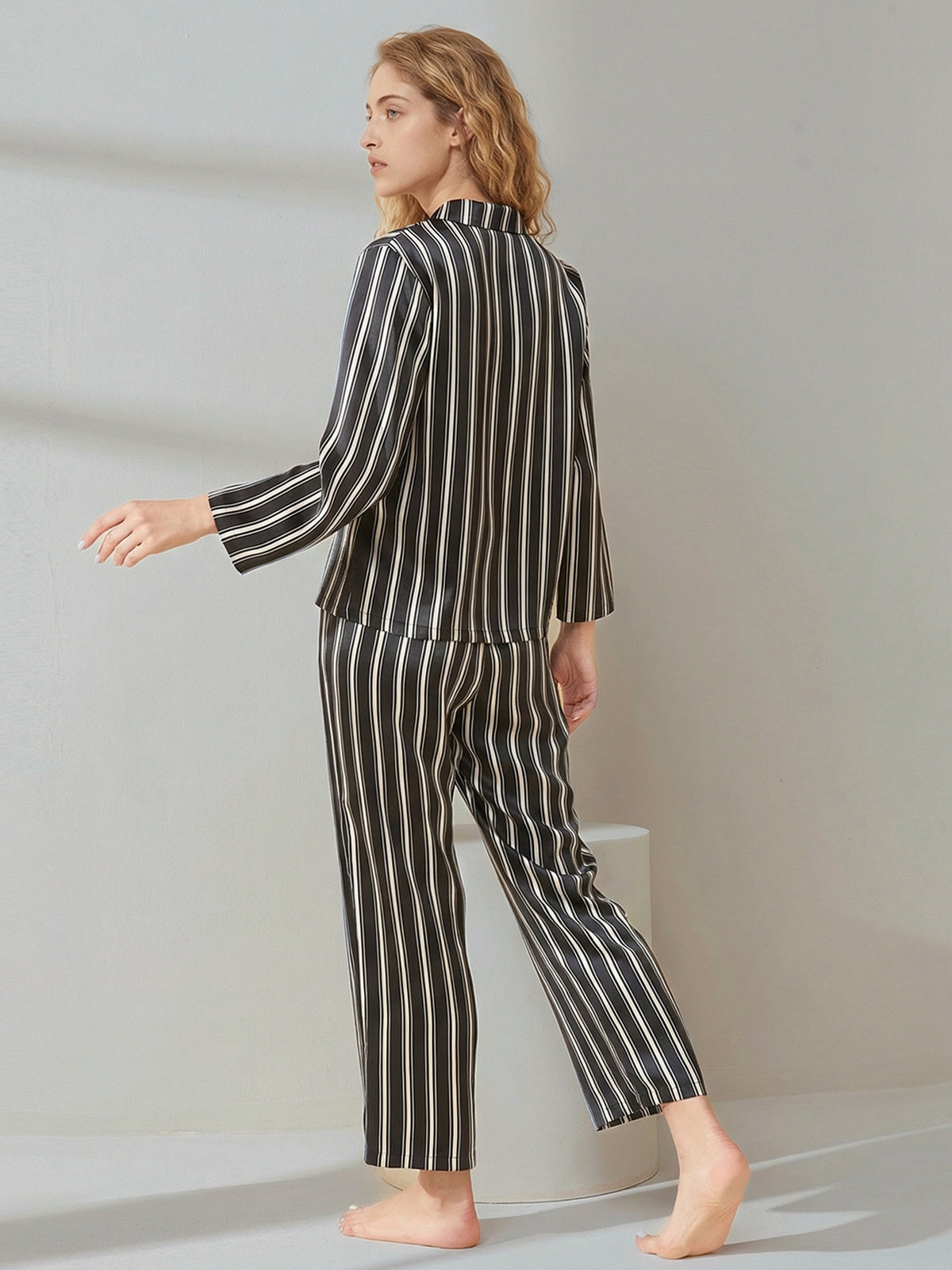 100% Mulberry Silk Striped Pajama Set#color_Black Stripes