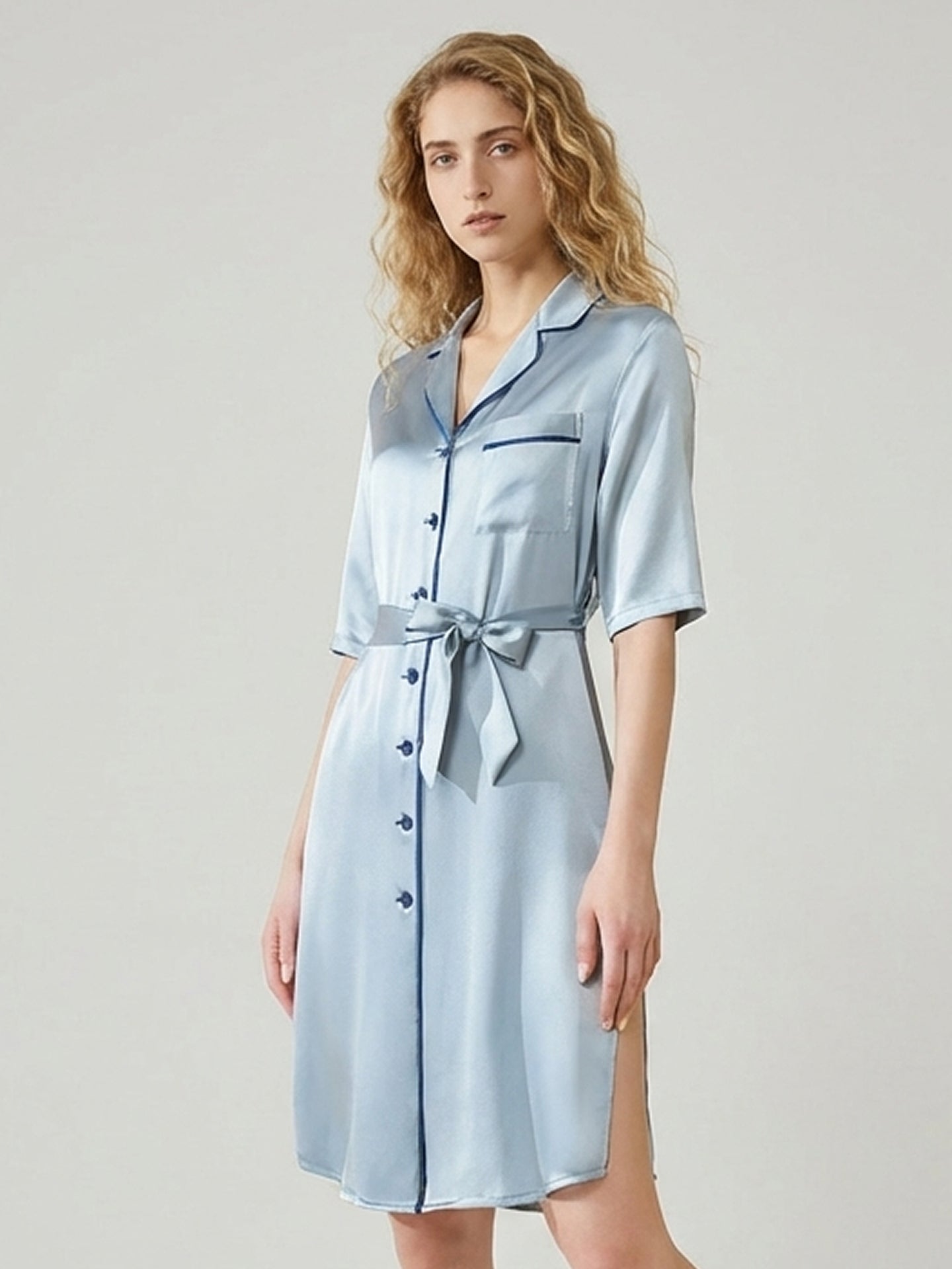 Mulberry Silk Shirt Dress with Belt#color_Dusty Blue