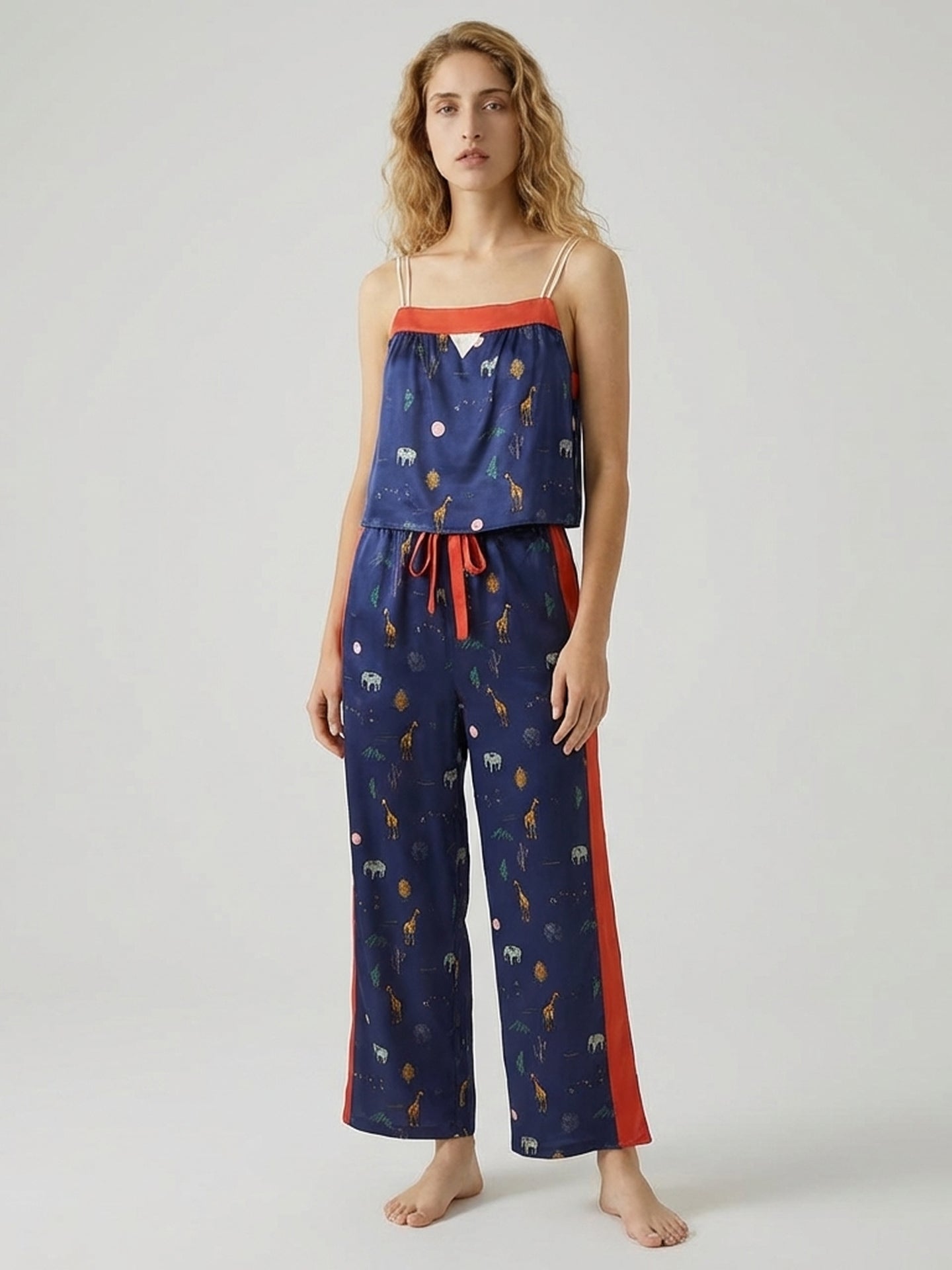 Silk Printed Camisole Pajama Set#color_Navy Print