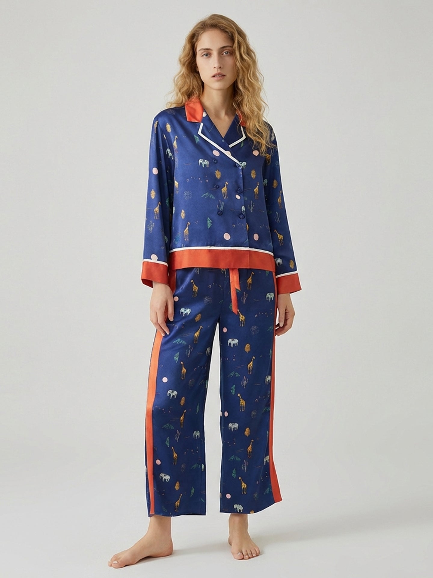 100% Mulberry Silk Printed Pajama Set#color_Navy Print
