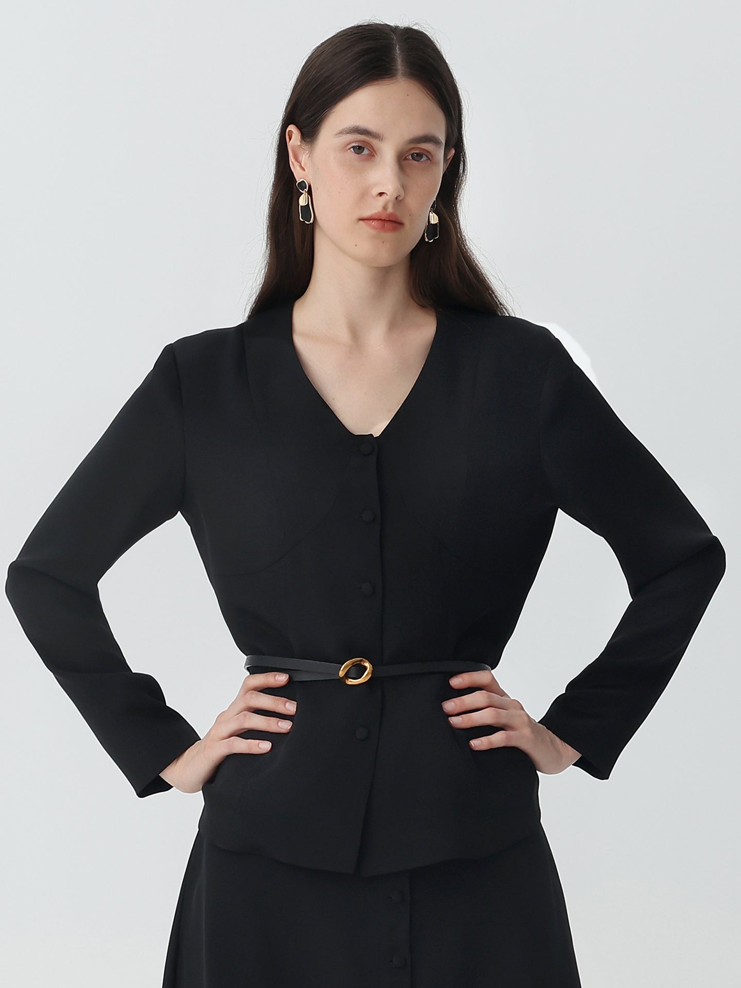 V-Neck Heavy Silk Crepe Cropped Jacket #color_Black