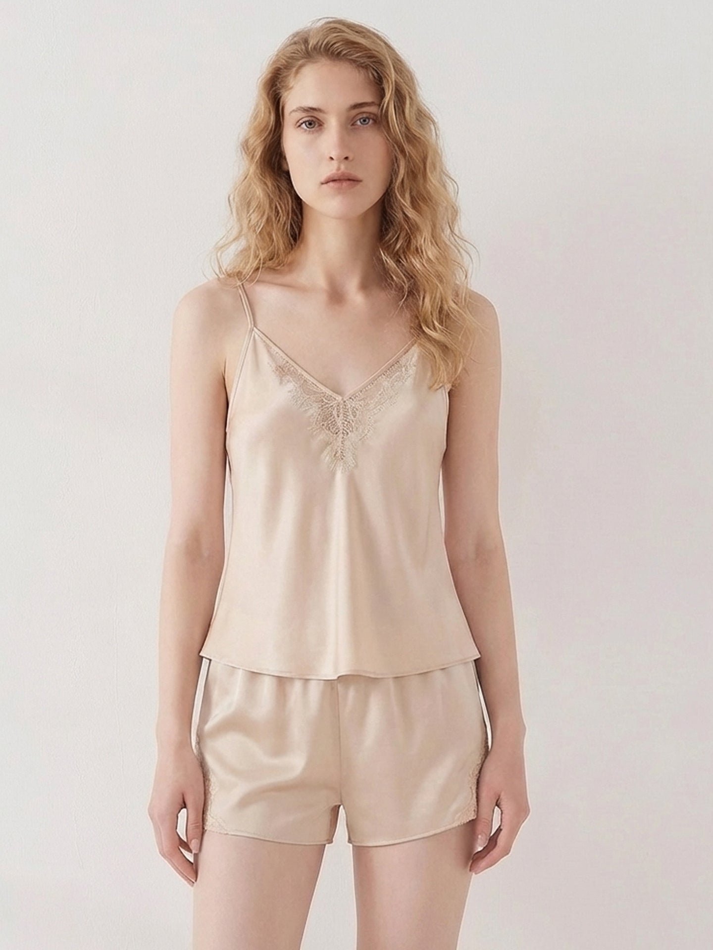 Silk Lace Camisole Pajama Set#color_Blush Beige