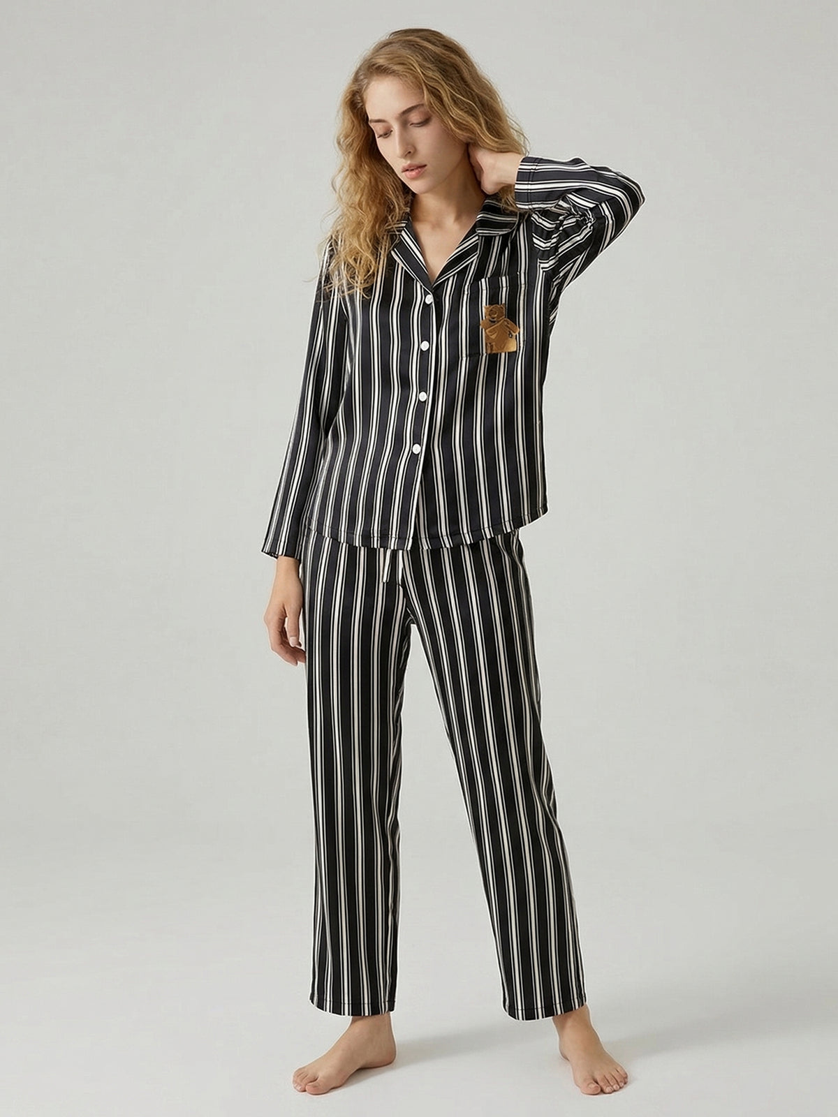 100% Mulberry Silk Striped Pajama Set#color_Black Stripes