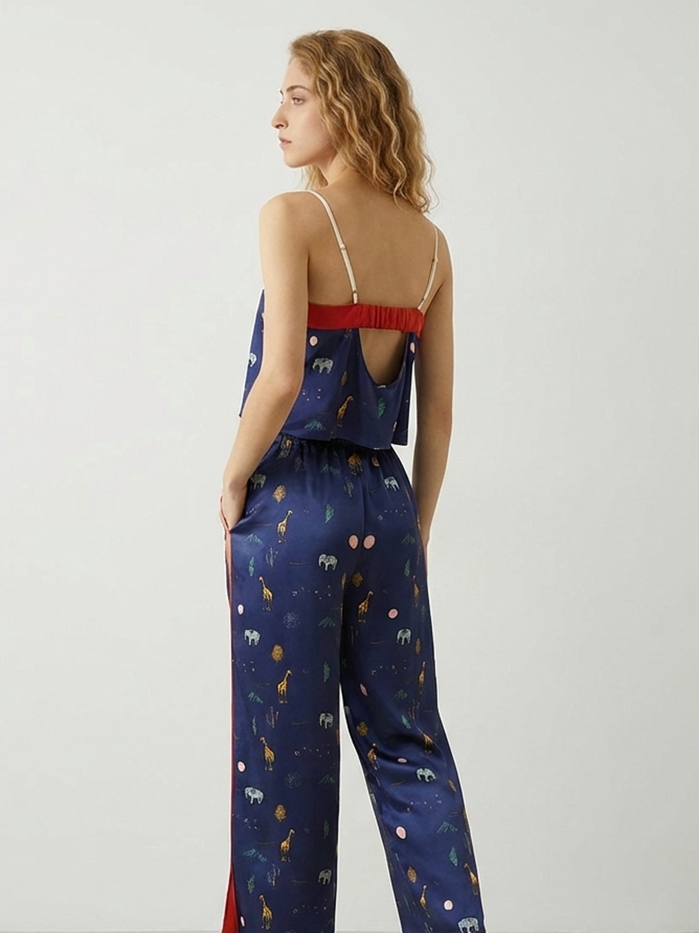 Silk Printed Camisole Pajama Set#color_Navy Print