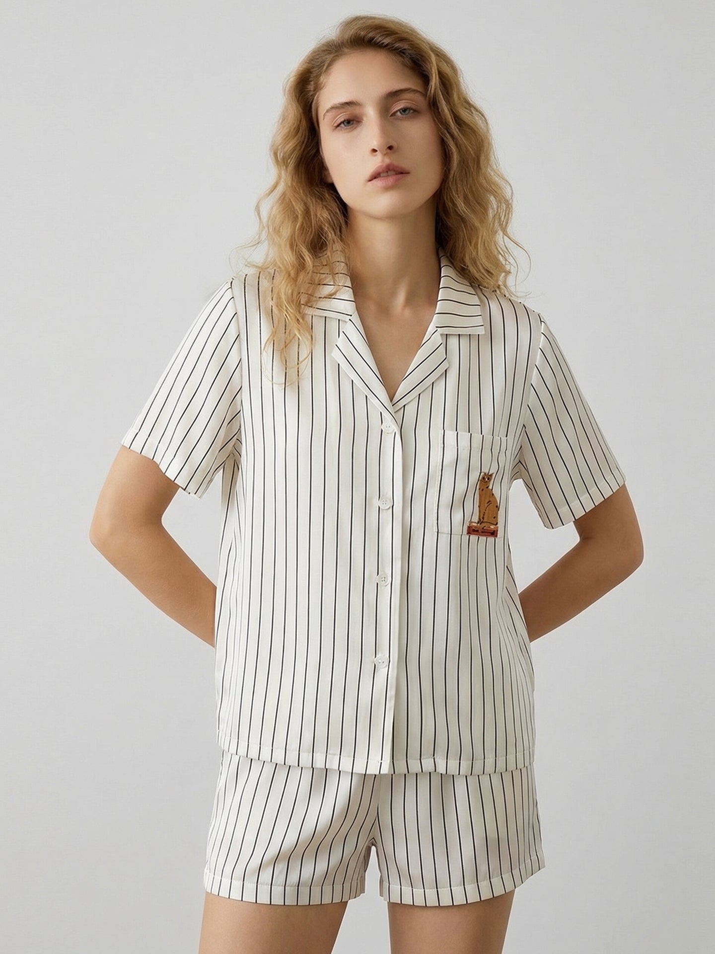 Silk Striped Pajama Set#color_White Stripes