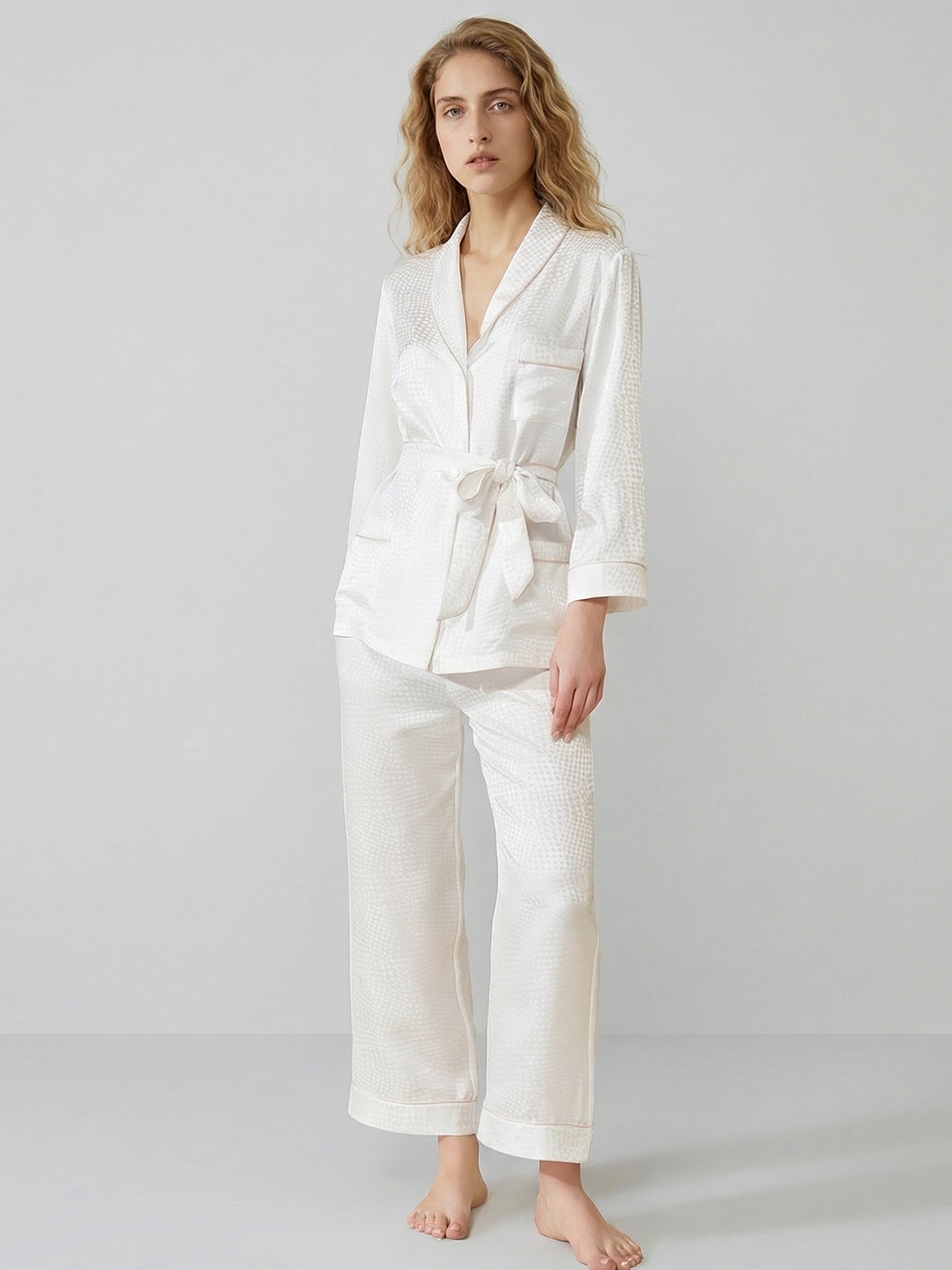 19 Momme Mulberry Silk Pajama Set with Belt#color_White