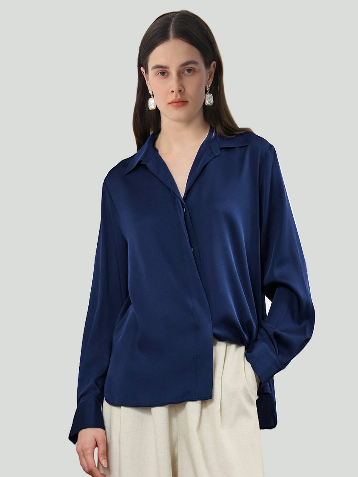 Concealed Placket Shirt in Silk #color_Navy