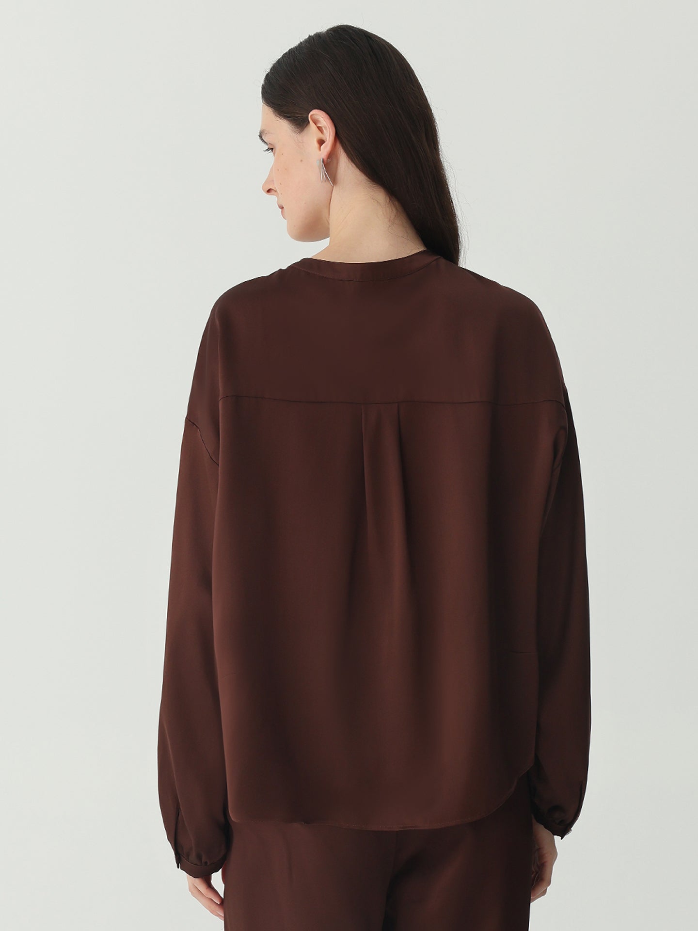 Lantern Sleeve Silk Shirt #color_Chocolate