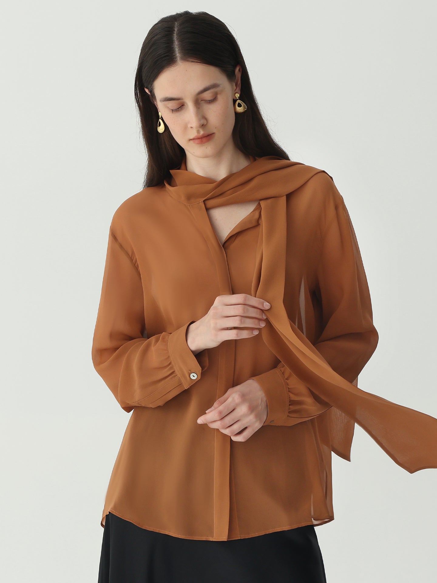 Sheer Silk Georgette Tie Neck Blouse | Vintage Lantern Sleeve Top