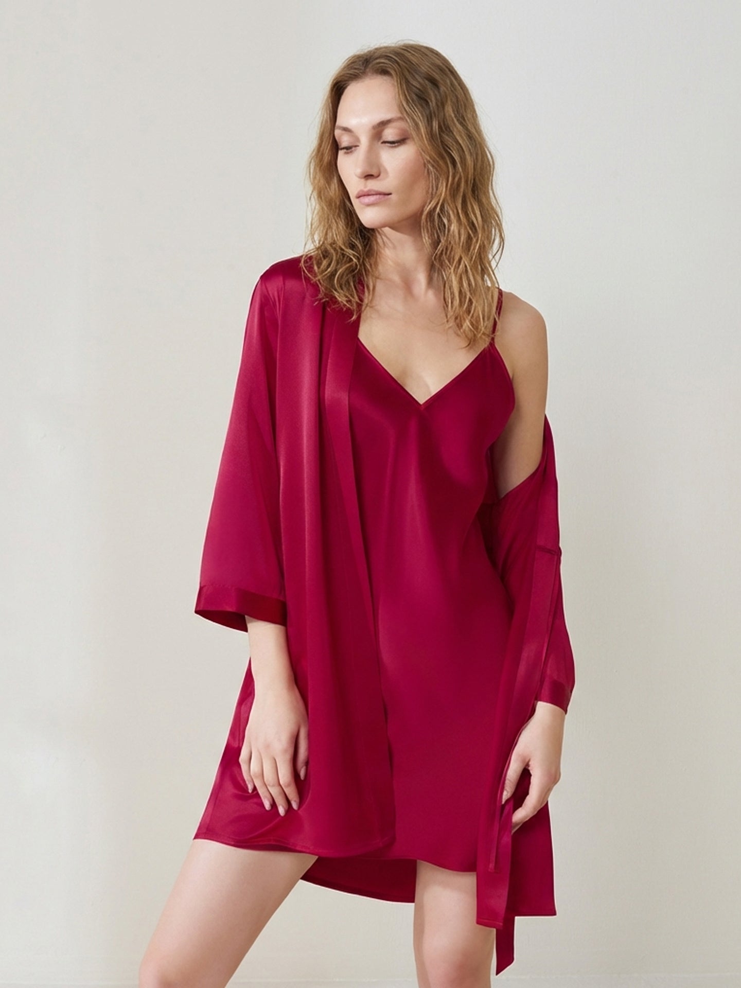 Silk Spaghetti Strap Mini Nightgown and Robe Set_Red