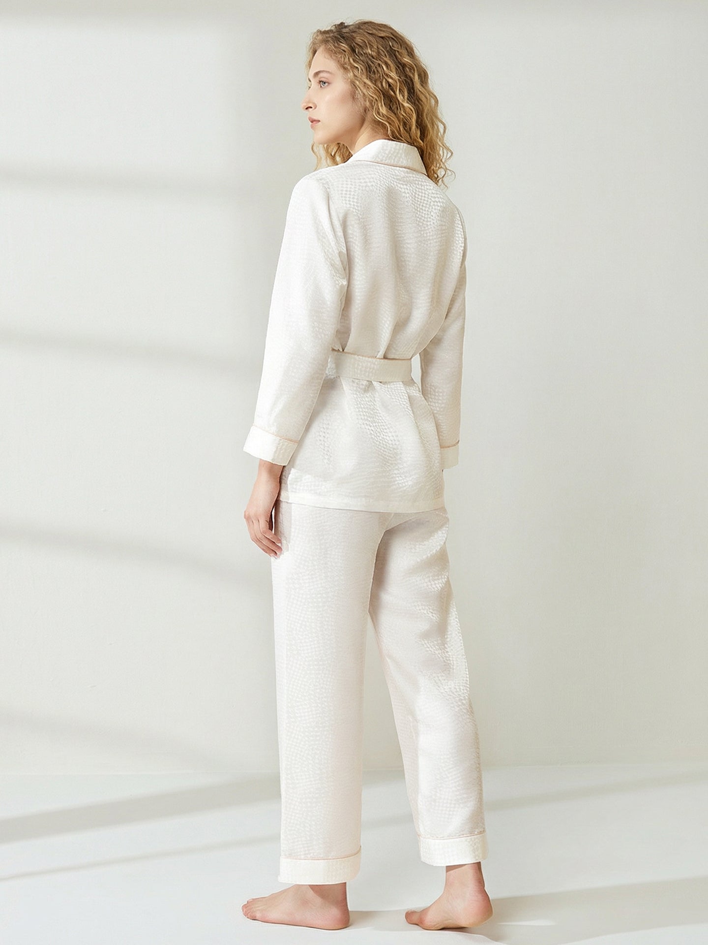 19 Momme Mulberry Silk Pajama Set with Belt#color_White