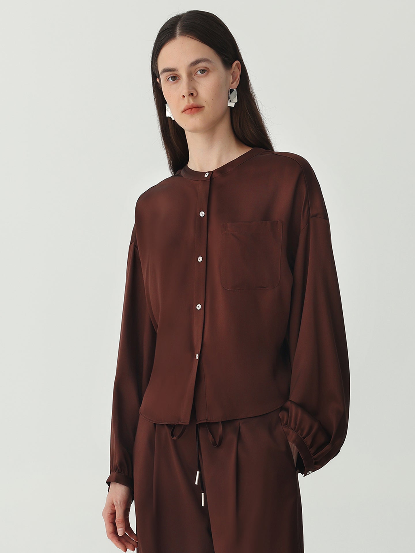 Lantern Sleeve Silk Shirt #color_Chocolate