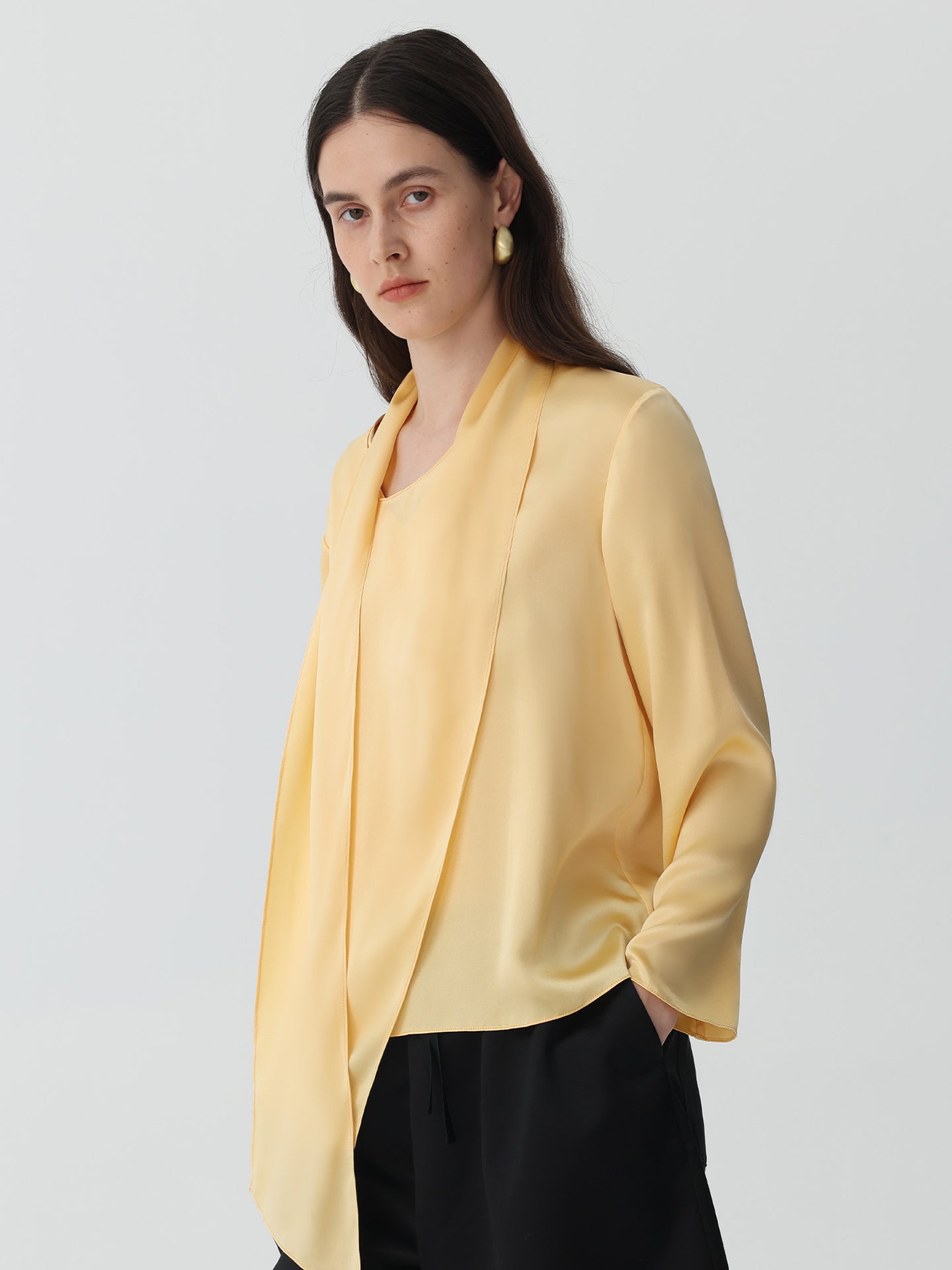 Pollover Scarf-Collar Blouse in Silk#color_Champagne
