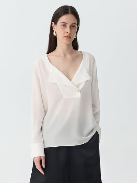 White Silk V-Neck Blouse