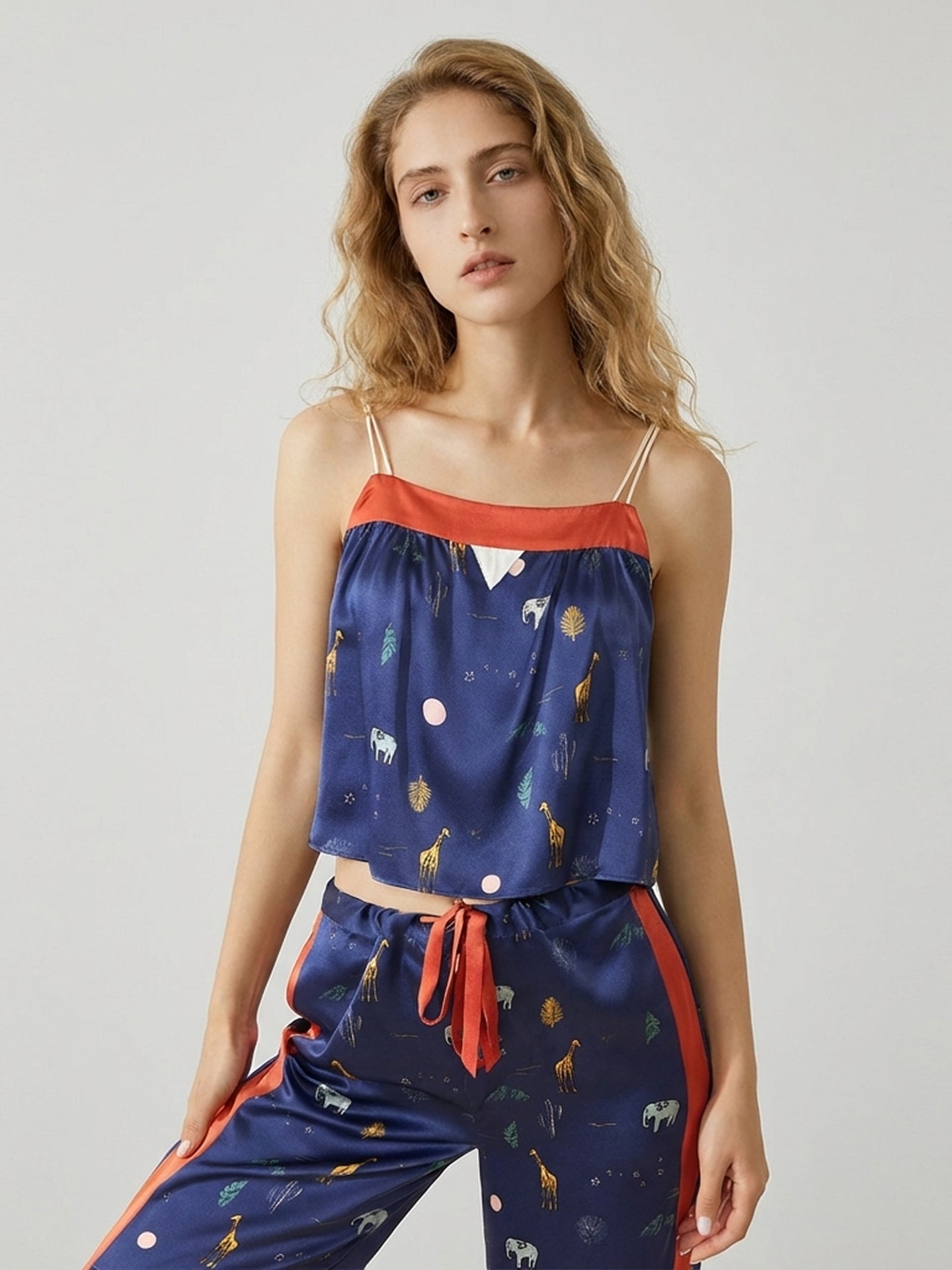 Silk Printed Camisole Pajama Set#color_Navy Print
