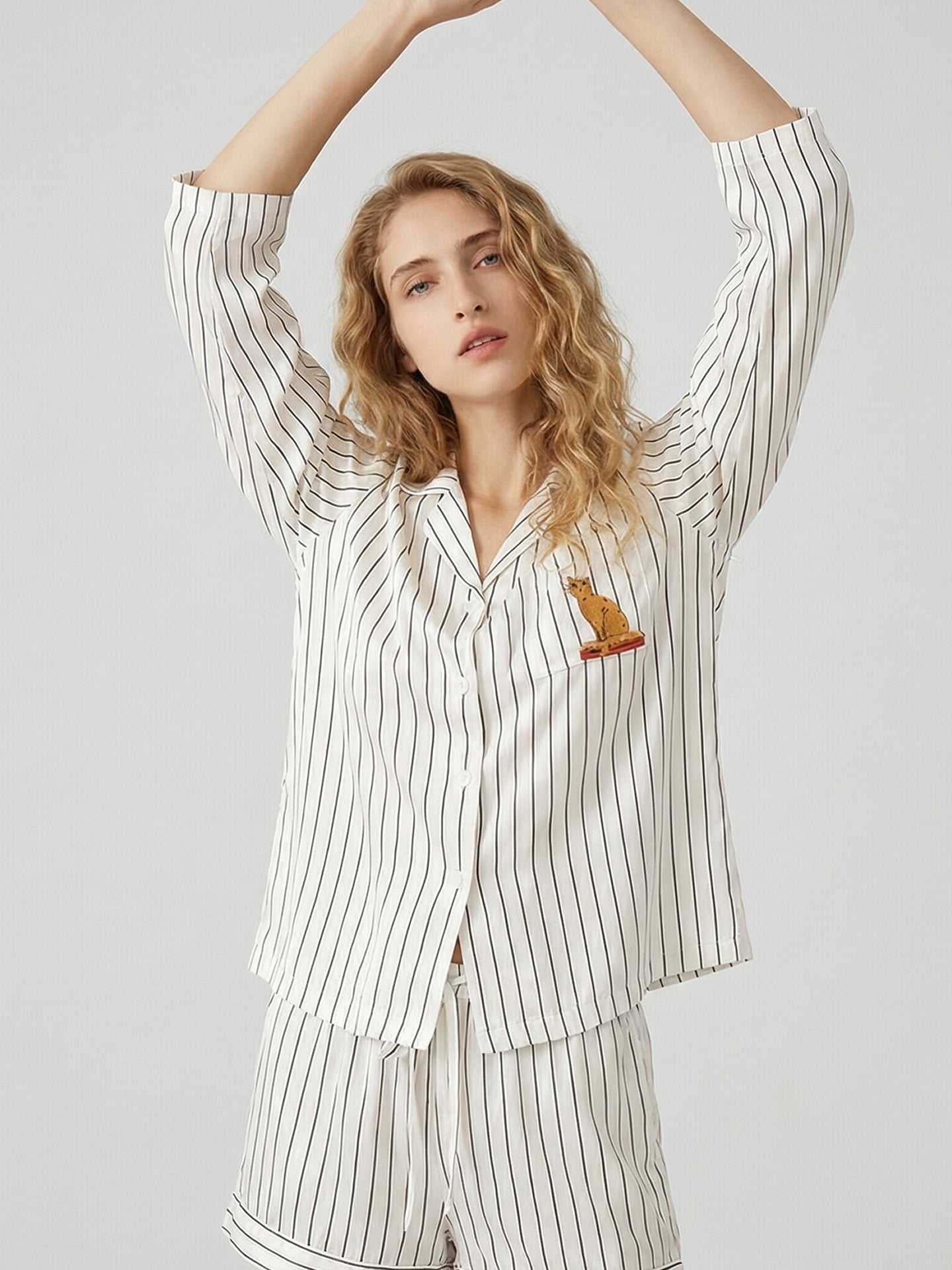Silk Striped Pajama Set#color_White Stripes