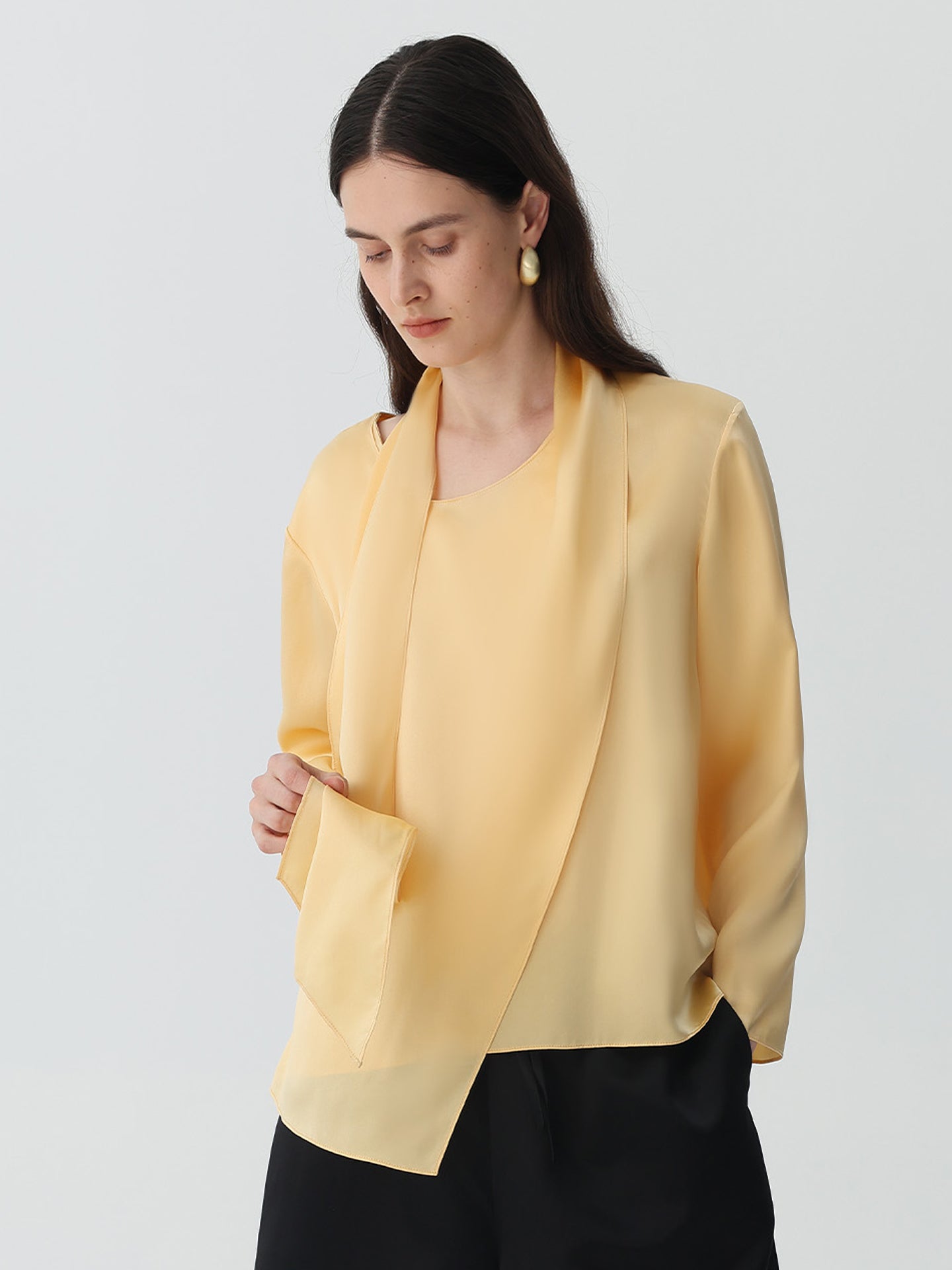 Pollover Scarf-Collar Blouse in Silk#color_Champagne