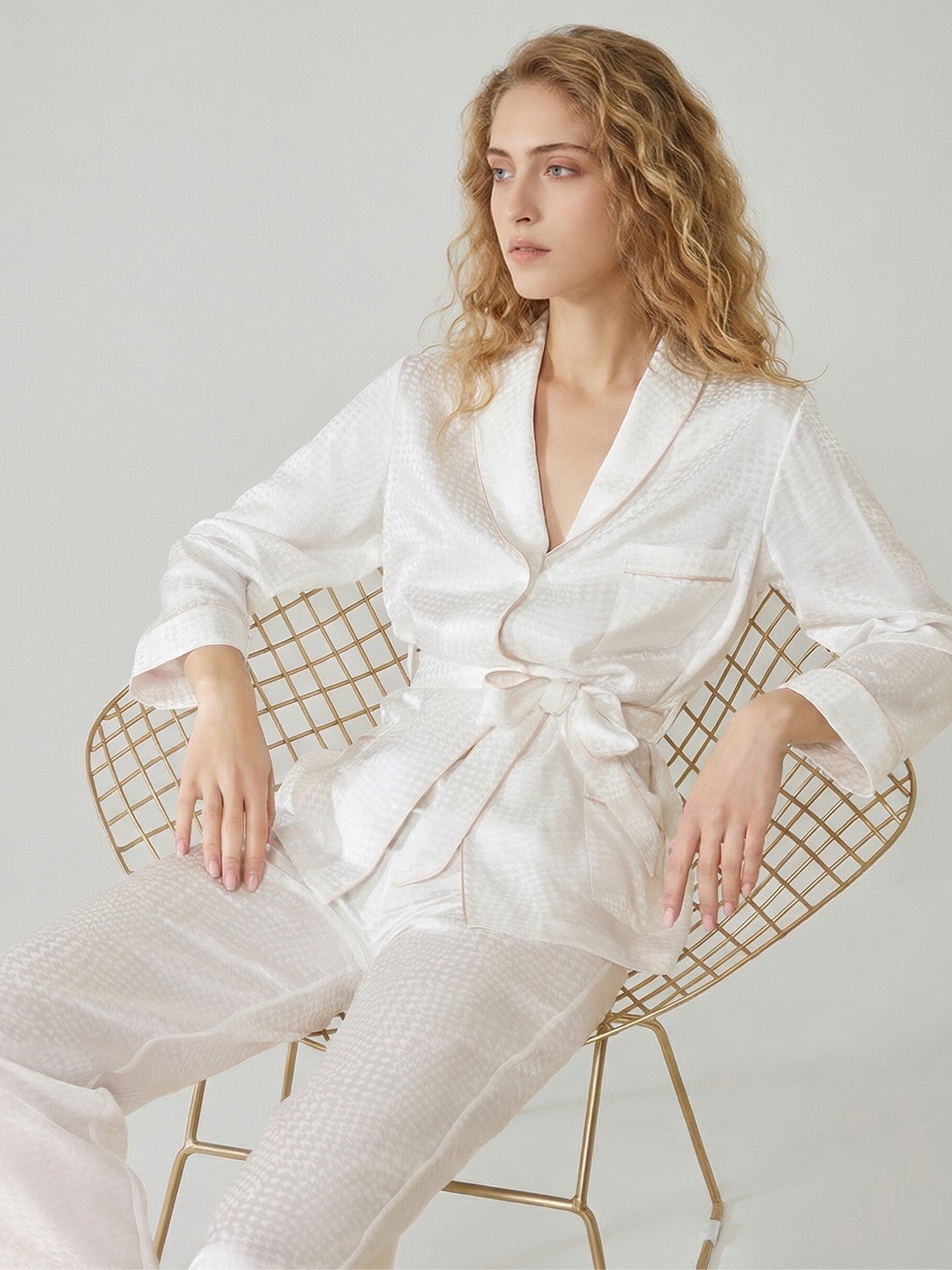 19 Momme Mulberry Silk Pajama Set with Belt#color_White