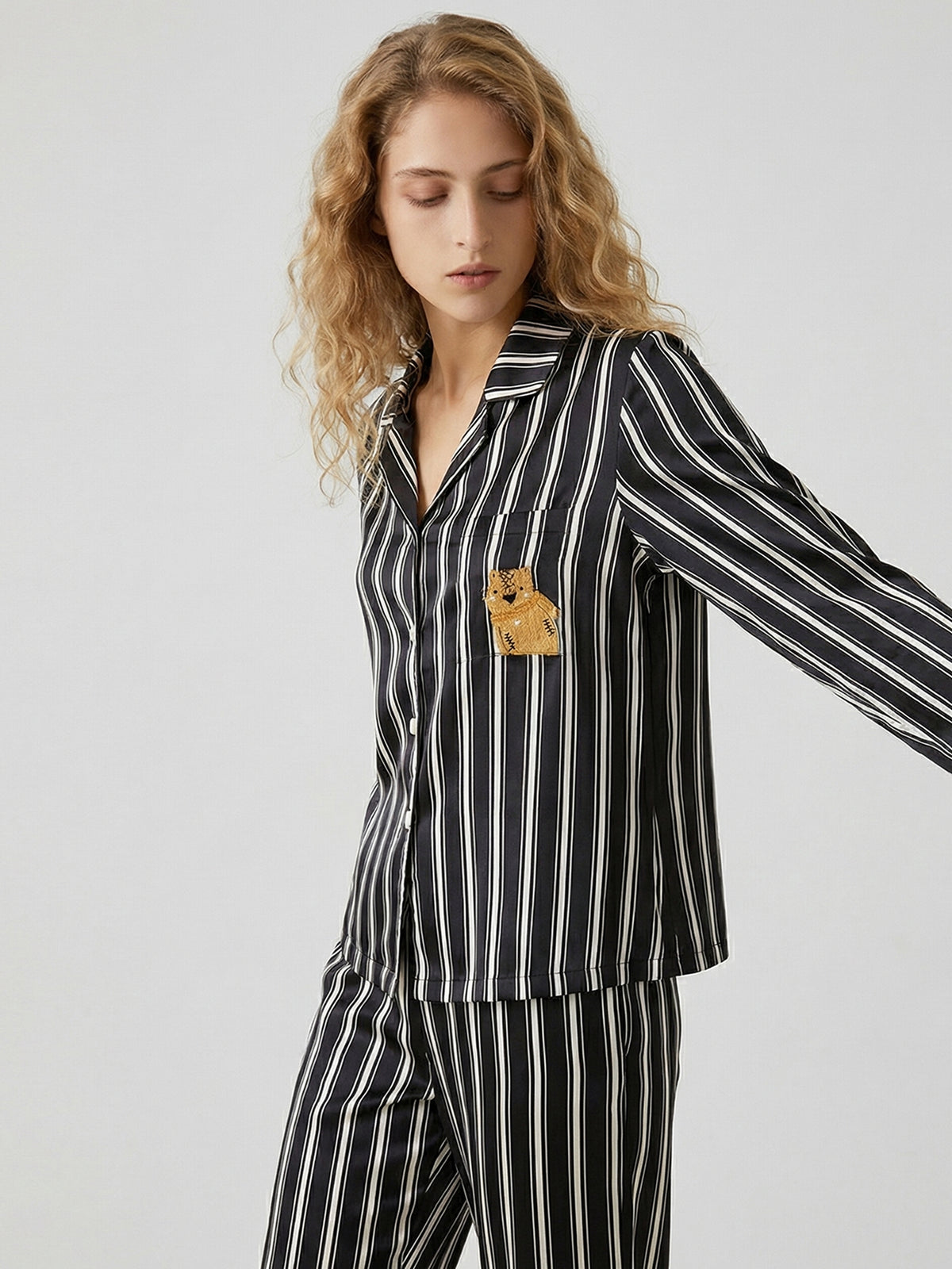 100% Mulberry Silk Striped Pajama Set#color_Black Stripes