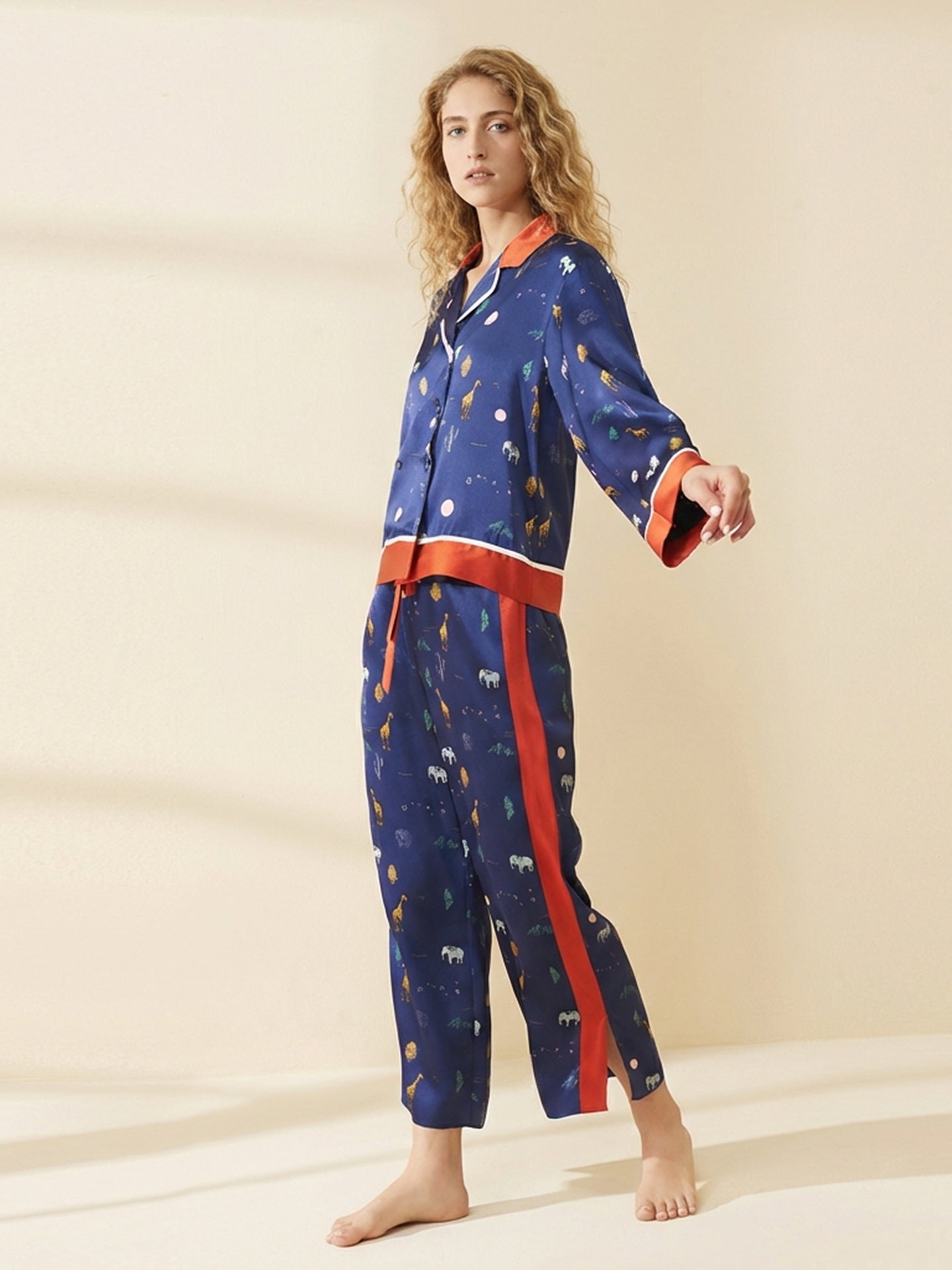 100% Mulberry Silk Printed Pajama Set#color_Navy Print