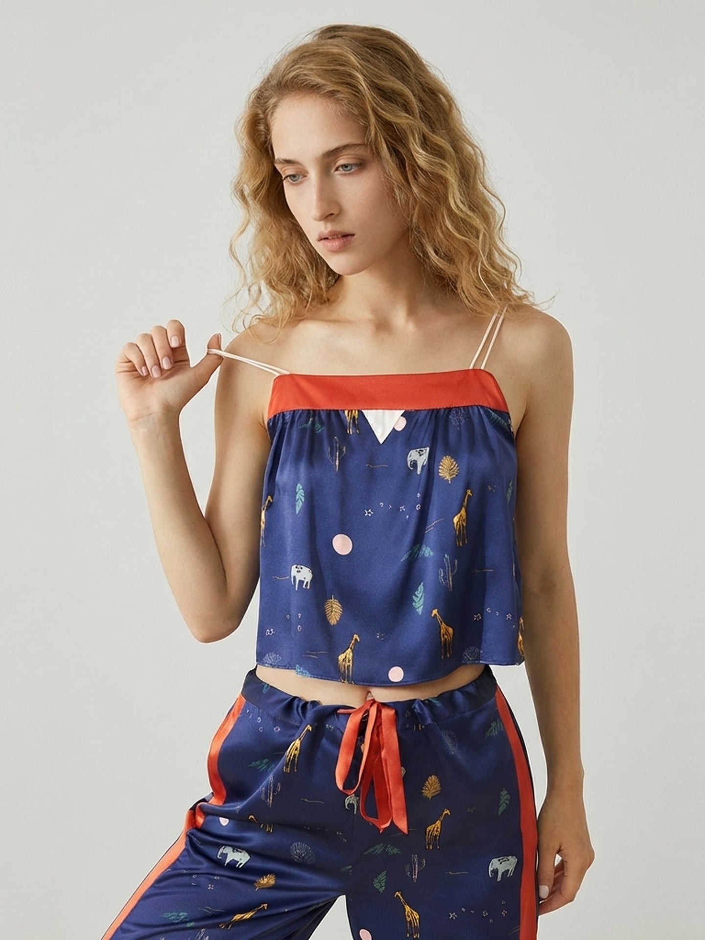 Silk Printed Camisole Pajama Set#color_Navy Print