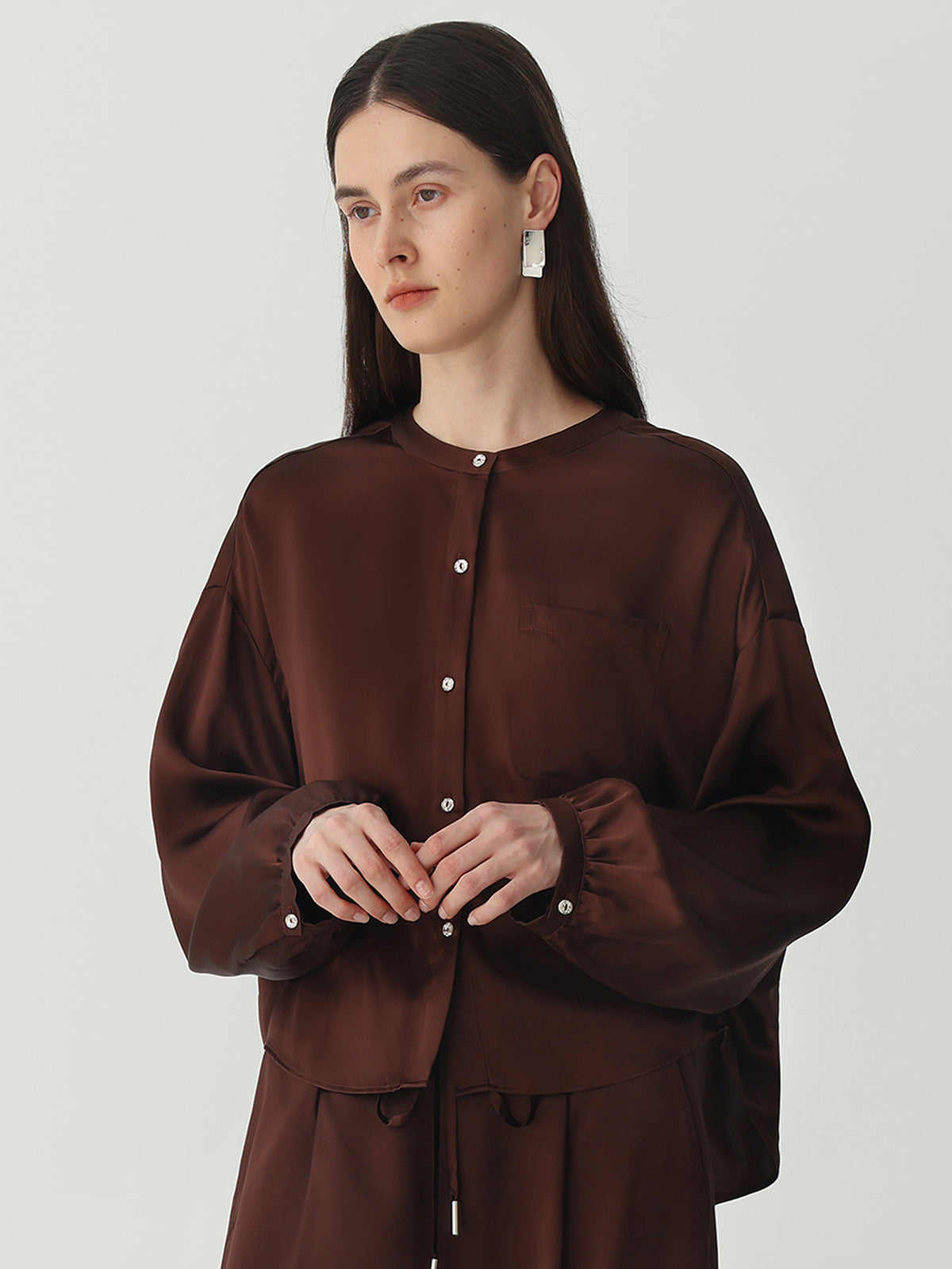 Lantern Sleeve Silk Shirt #color_Chocolate
