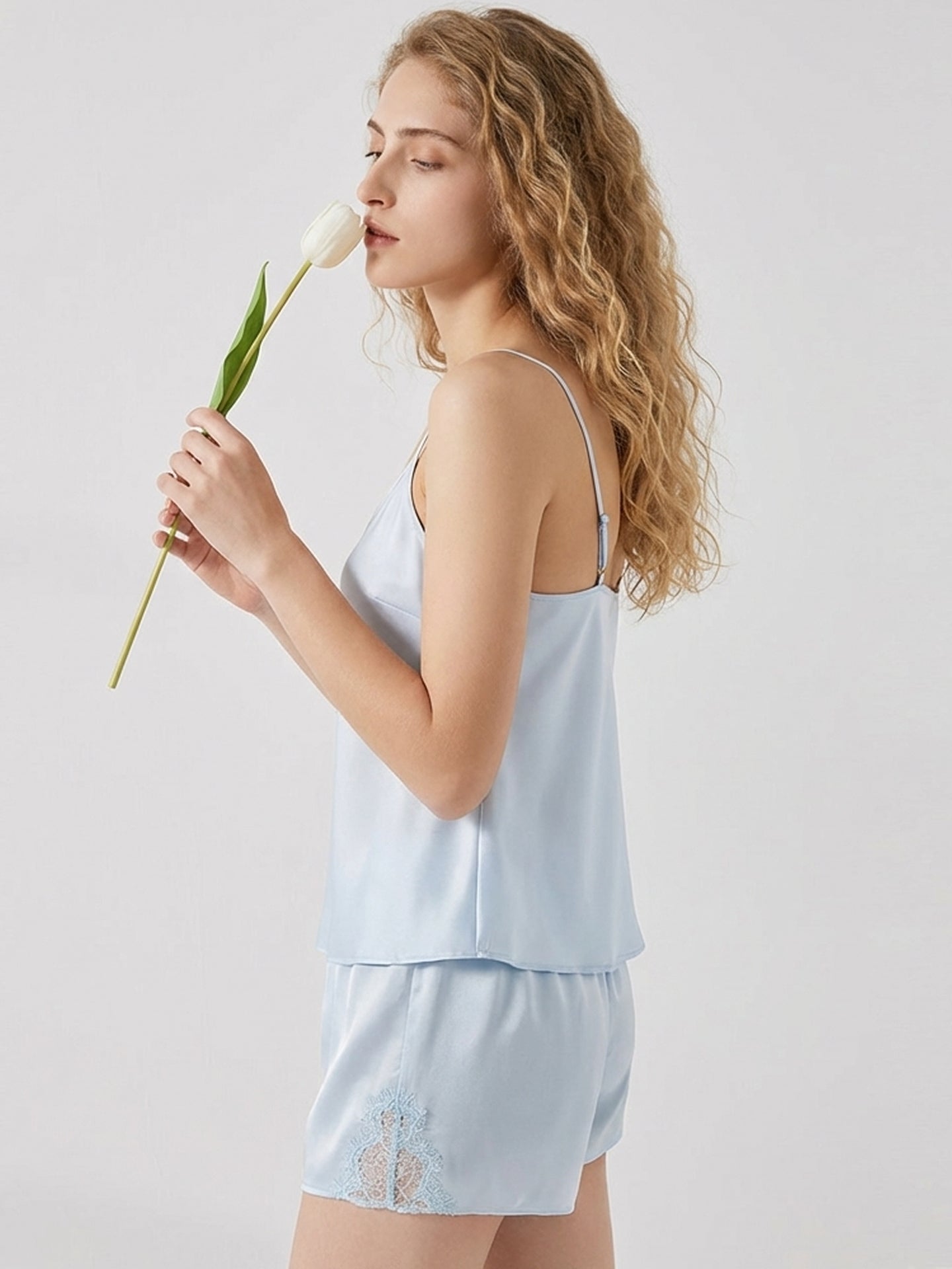 Silk Lace Camisole Pajama Set#color_Baby Blue