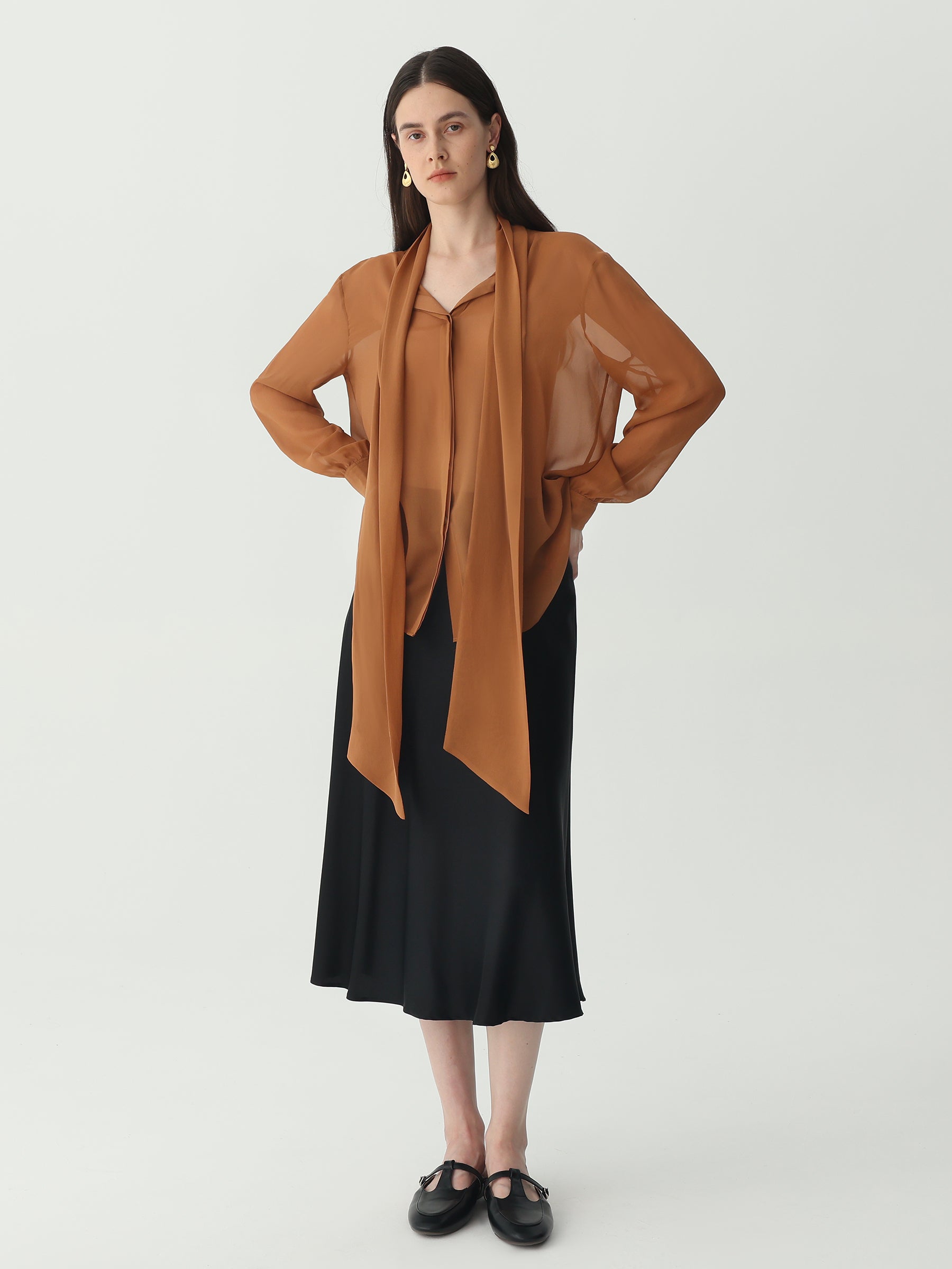 Tie Neck Blouse #color_Mud Gold