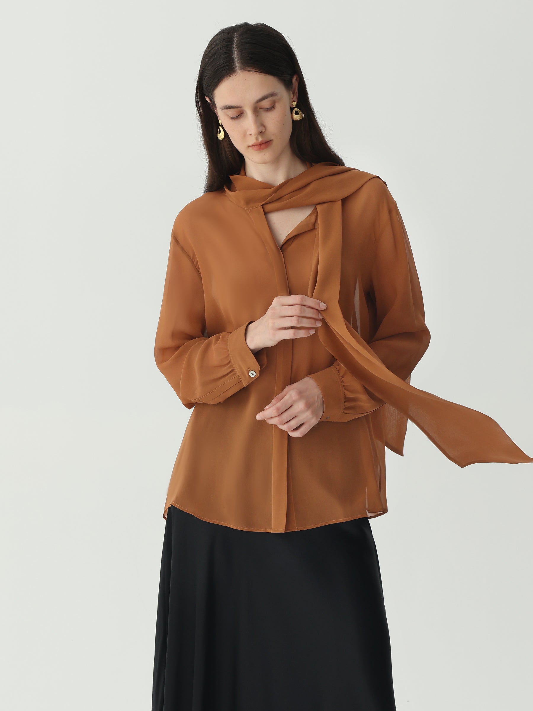 Tie Neck Blouse #color_Mud Gold