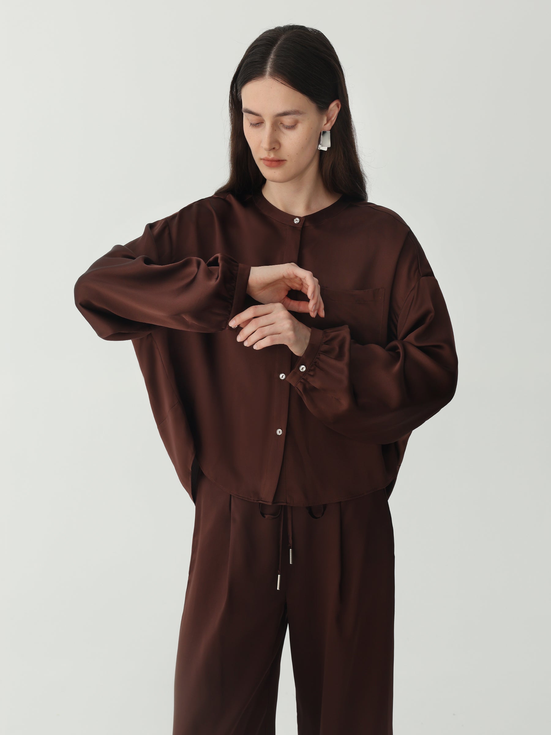 Lantern Sleeve Silk Shirt #color_Choclate